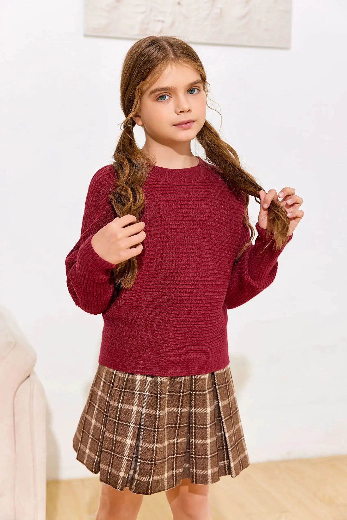 Mafulus Girl's Oversized Crewneck Fall Sweaters Kids Batwing Long Sleeve Slouchy Chunky Cute Pullover Jumper Shirts 5-14T 9-10 Years Burgundy Oversized Girls Sweaters Burgundy My Store