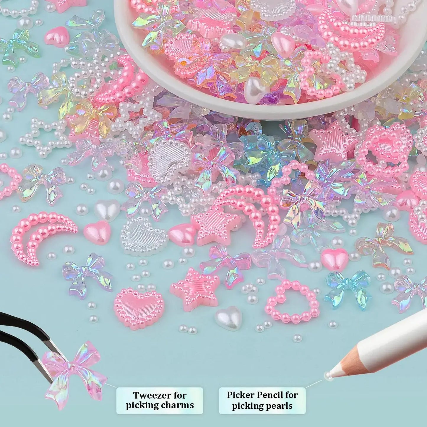 600 Pcs 3D Nail Charms and Flatback Pearls #10, 6 Colors Bow + Pink&White Star Heart Moon Cute Charms + 2-6mm White Pearls for Nail Art Design with Nail Charm Glue(UV Needed) and Pickup Tools Set 11- 8 Colors with Glue 3D Nail Art Set My Store