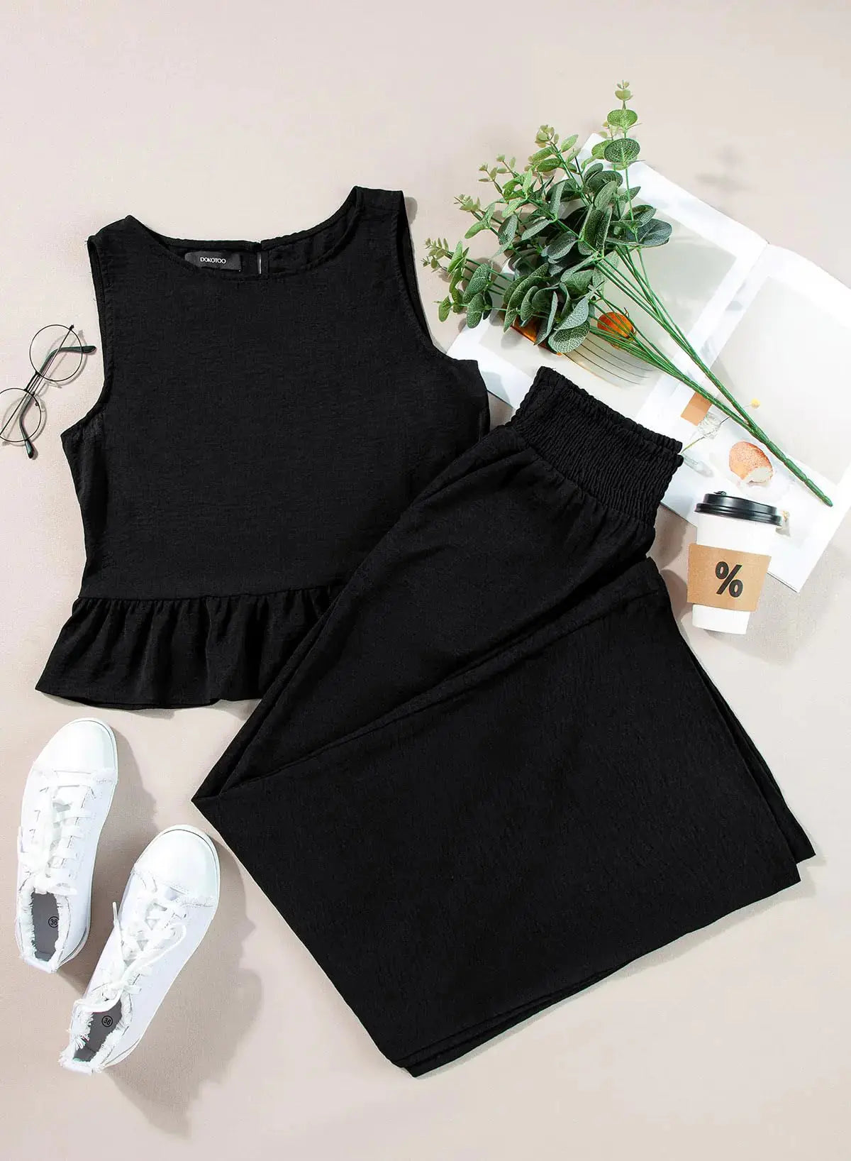 Dokotoo Pants Sets Women 2 Piece Outfits Sleeveless Round Neck Tank Tops Matching Sets for Women Elastic Waist Wide Leg Black X-Large My Store