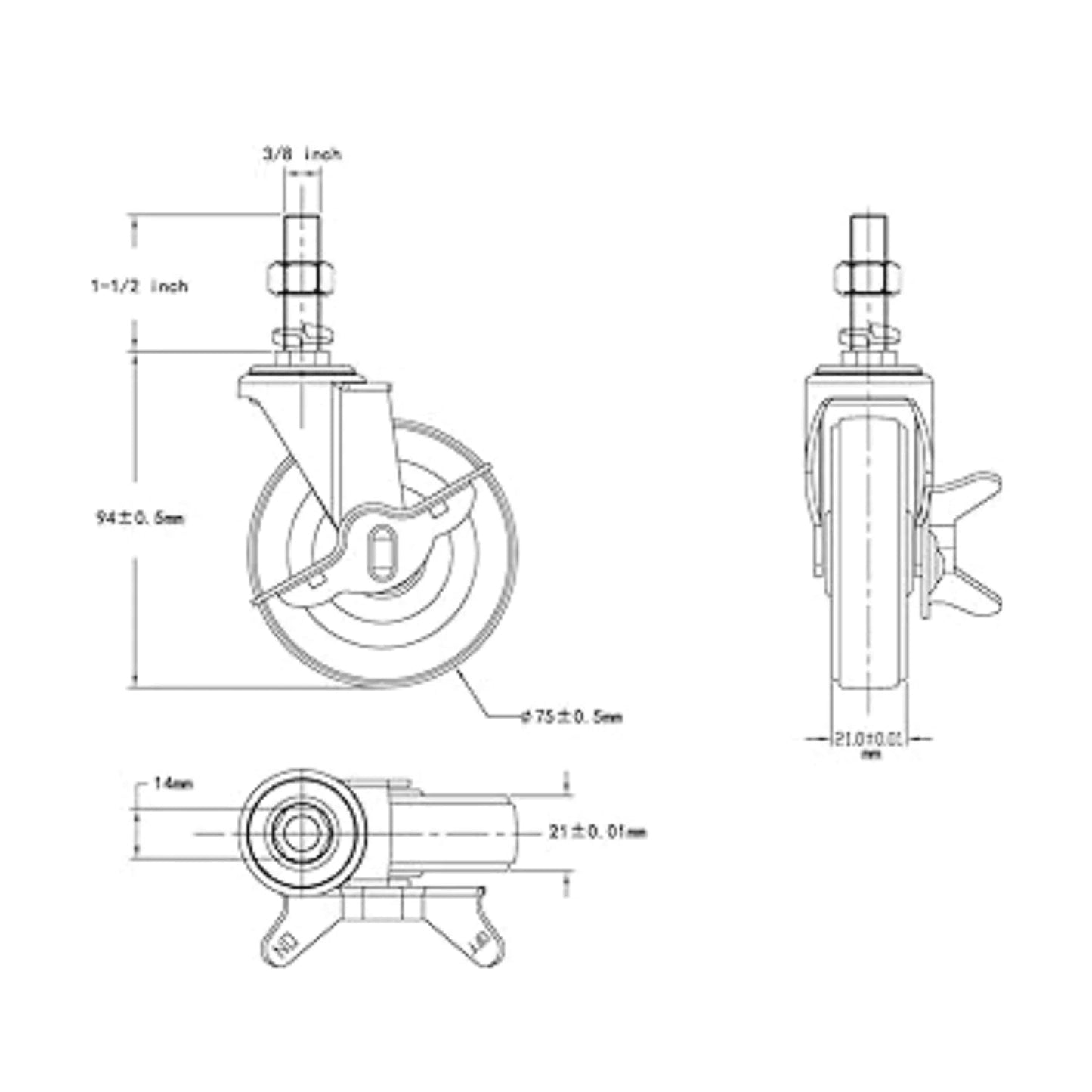 4x 3 Inch Rubber Casters Heavy Duty Safety Brake Wheels For Wire Shelving Rack WEM Support (www.WEM.support)