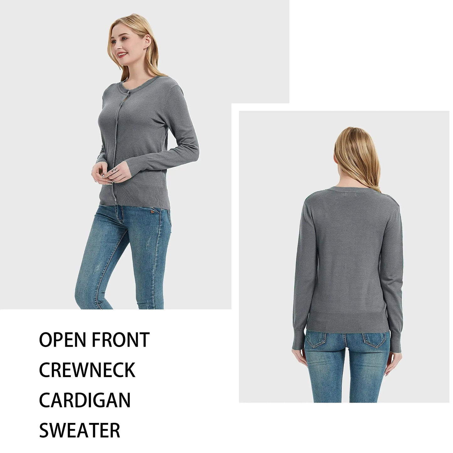 Women's Crew Neck Button Down Long Sleeve Cardigan Sweater Silver Grey XX-Large My Store