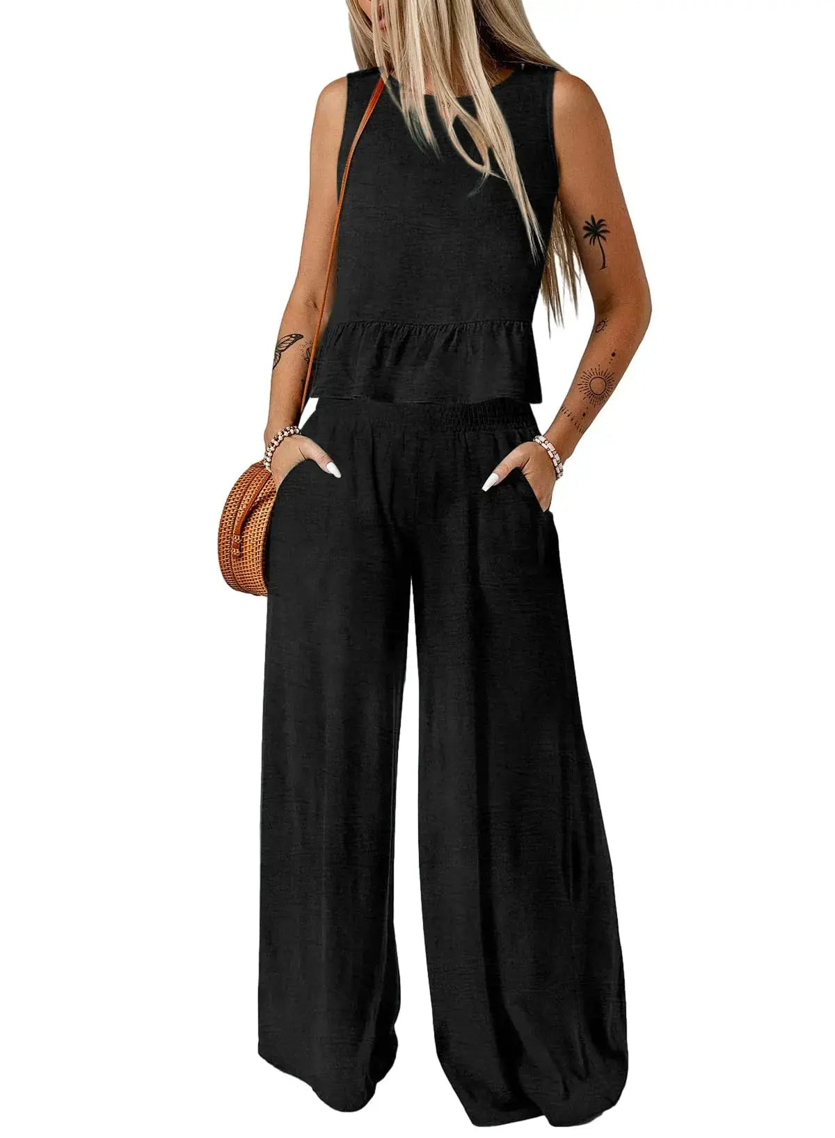 Dokotoo Pants Sets Women 2 Piece Outfits Sleeveless Round Neck Tank Tops Matching Sets for Women Elastic Waist Wide Leg Black X-Large My Store