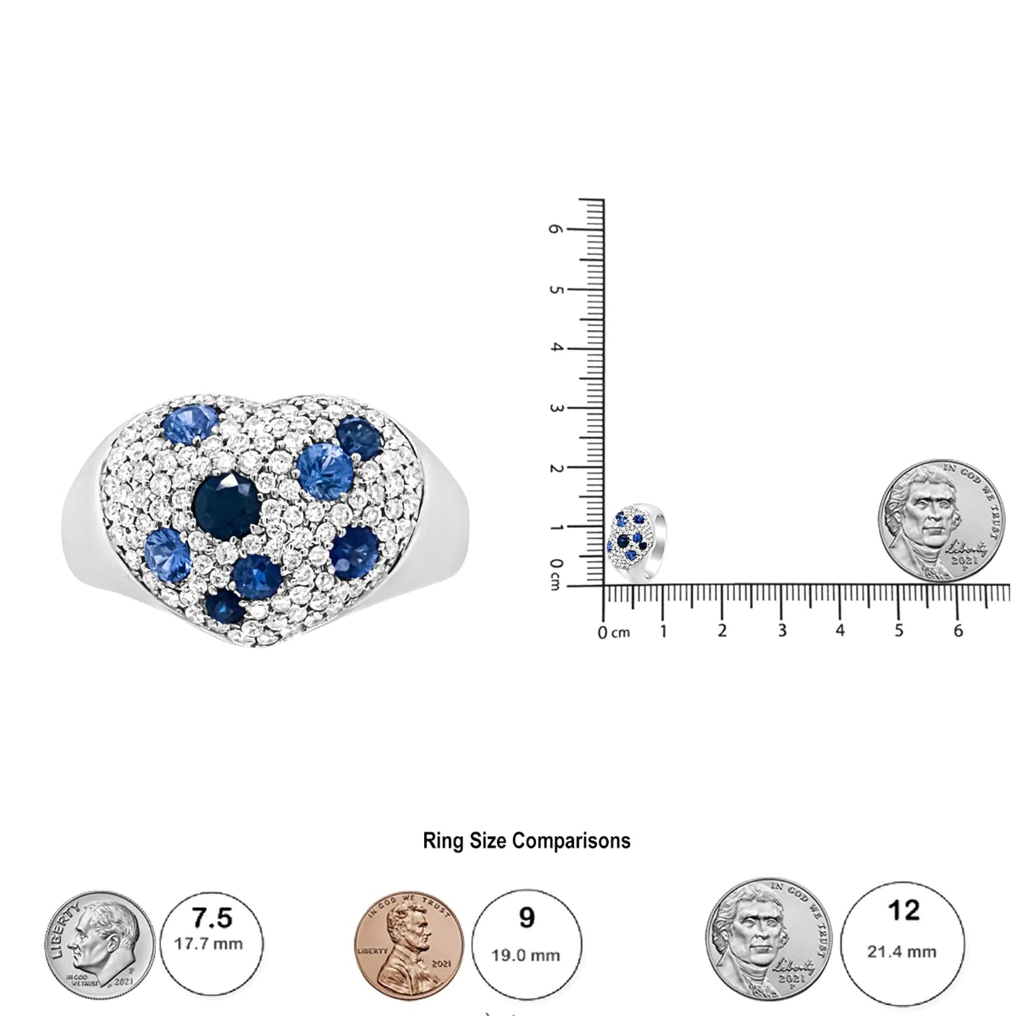 18K White Gold Blue Sapphire and 5/8 Cttw Diamond Cluster Heart Shaped Ring (F-G Color, VS1-VS2 Clarity) WEM Support (www.WEM.support)