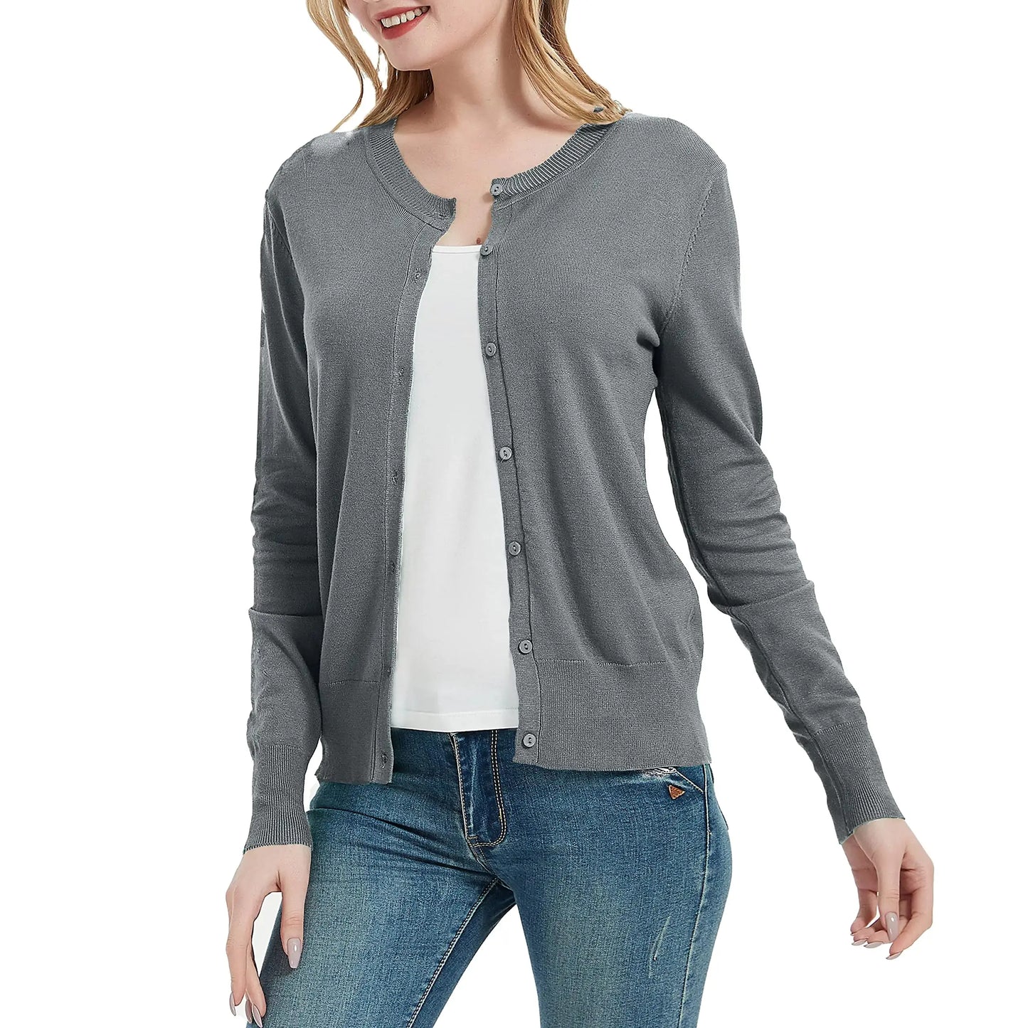 Women's Crew Neck Button Down Long Sleeve Cardigan Sweater Silver Grey XX-Large My Store