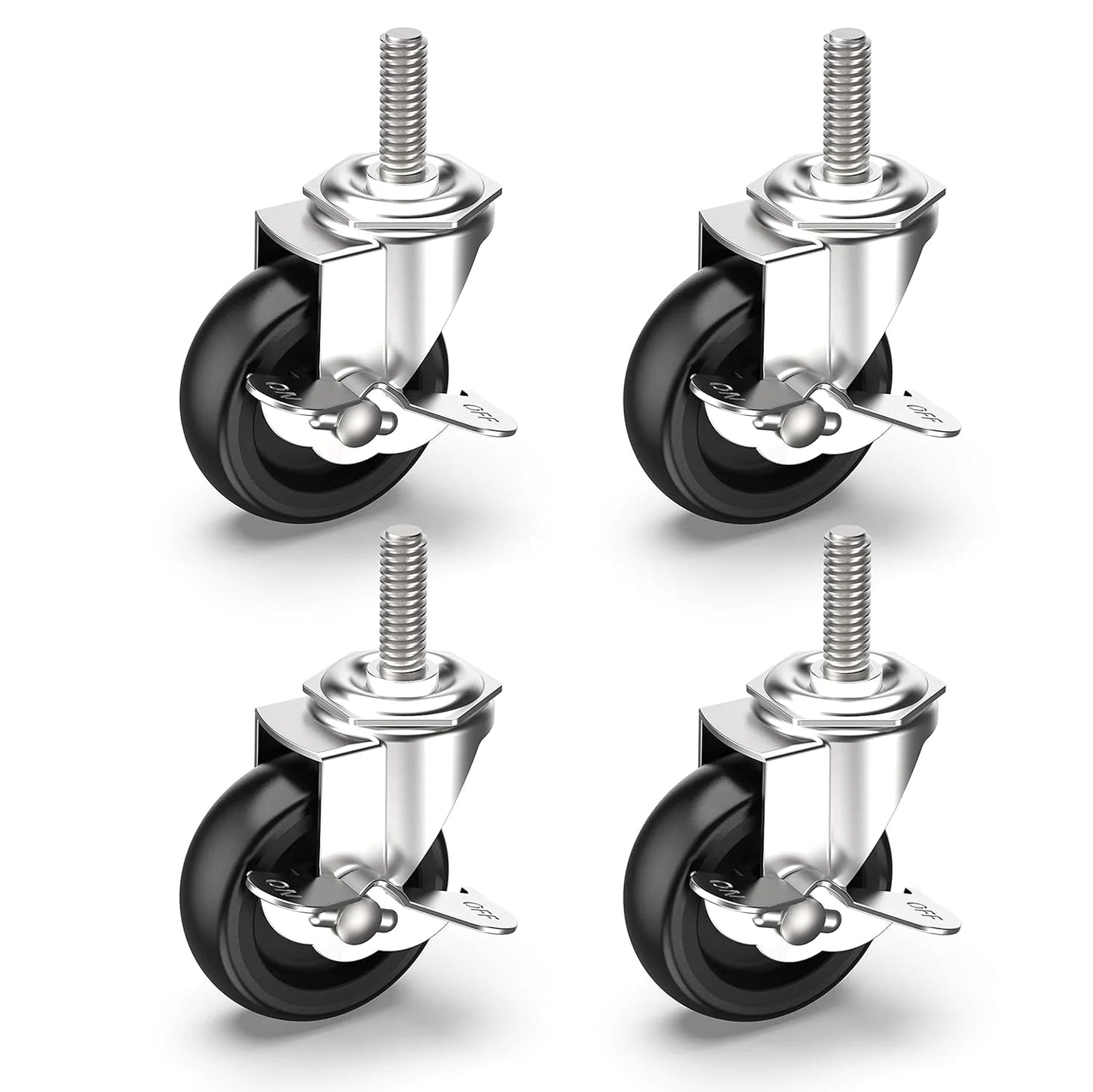 4x 3 Inch Rubber Casters Heavy Duty Safety Brake Wheels For Wire Shelving Rack WEM Support (www.WEM.support)
