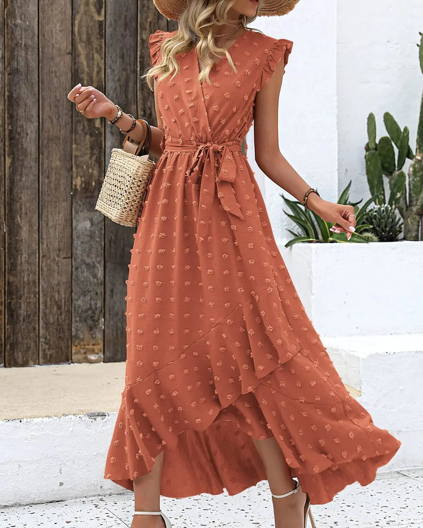 BTFBM Women 2024 Summer V Neck Dress Cap Sleeve Swiss Dot Boho Ruffle Slit Beach Cocktail Party Flowy Long Maxi Dresses Medium Swiss Dot Orange Red My Store