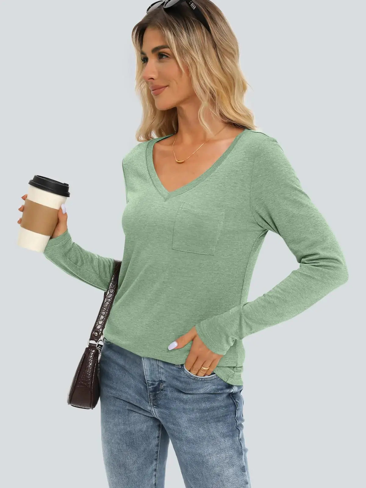 AUTOMET Womens Long Sleeve Shirts V Neck Casual Tops with Pockets Loose Dressy Basic Fall Outfits Clothes Winter Trendy 2024 Lightgreen Small My Store