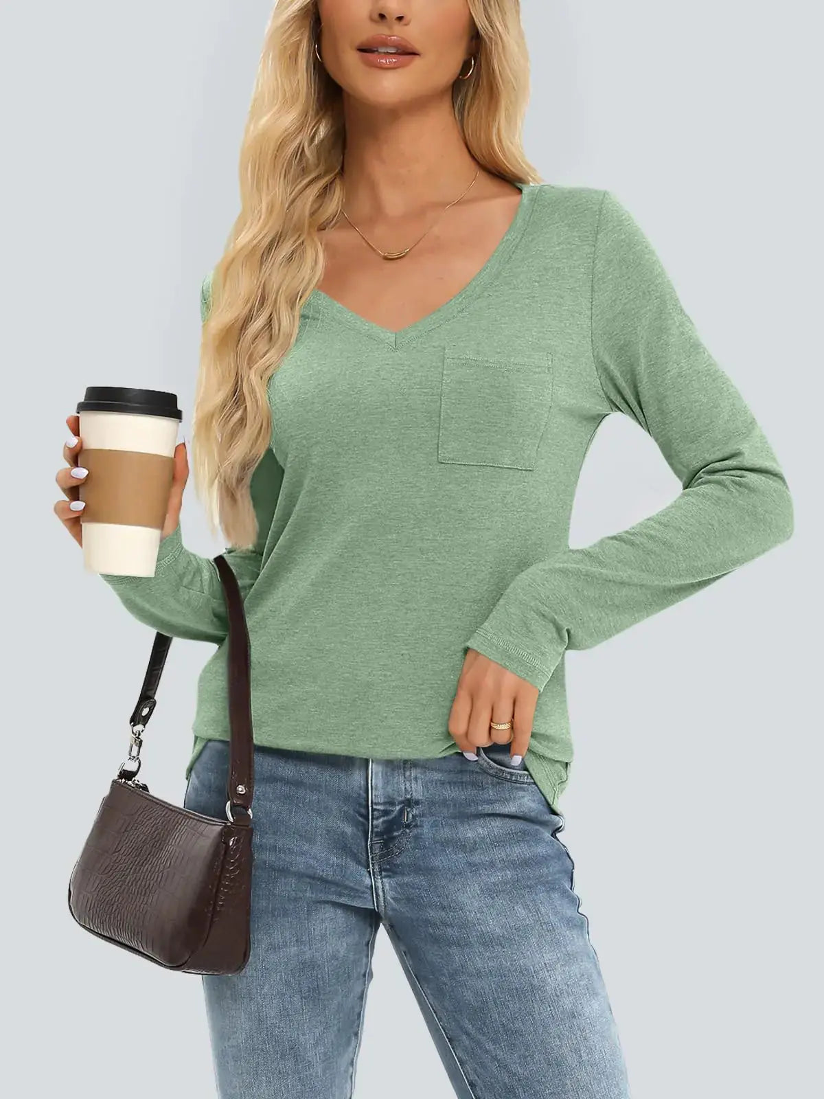 AUTOMET Womens Long Sleeve Shirts V Neck Casual Tops with Pockets Loose Dressy Basic Fall Outfits Clothes Winter Trendy 2024 Lightgreen Small My Store