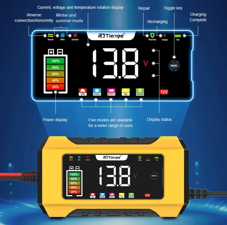 LED Color Screen Digital Display Automobile Battery Charger 12V Battery Charger With Memory Mode Smart Touch Button WEM Support (www.WEM.support)