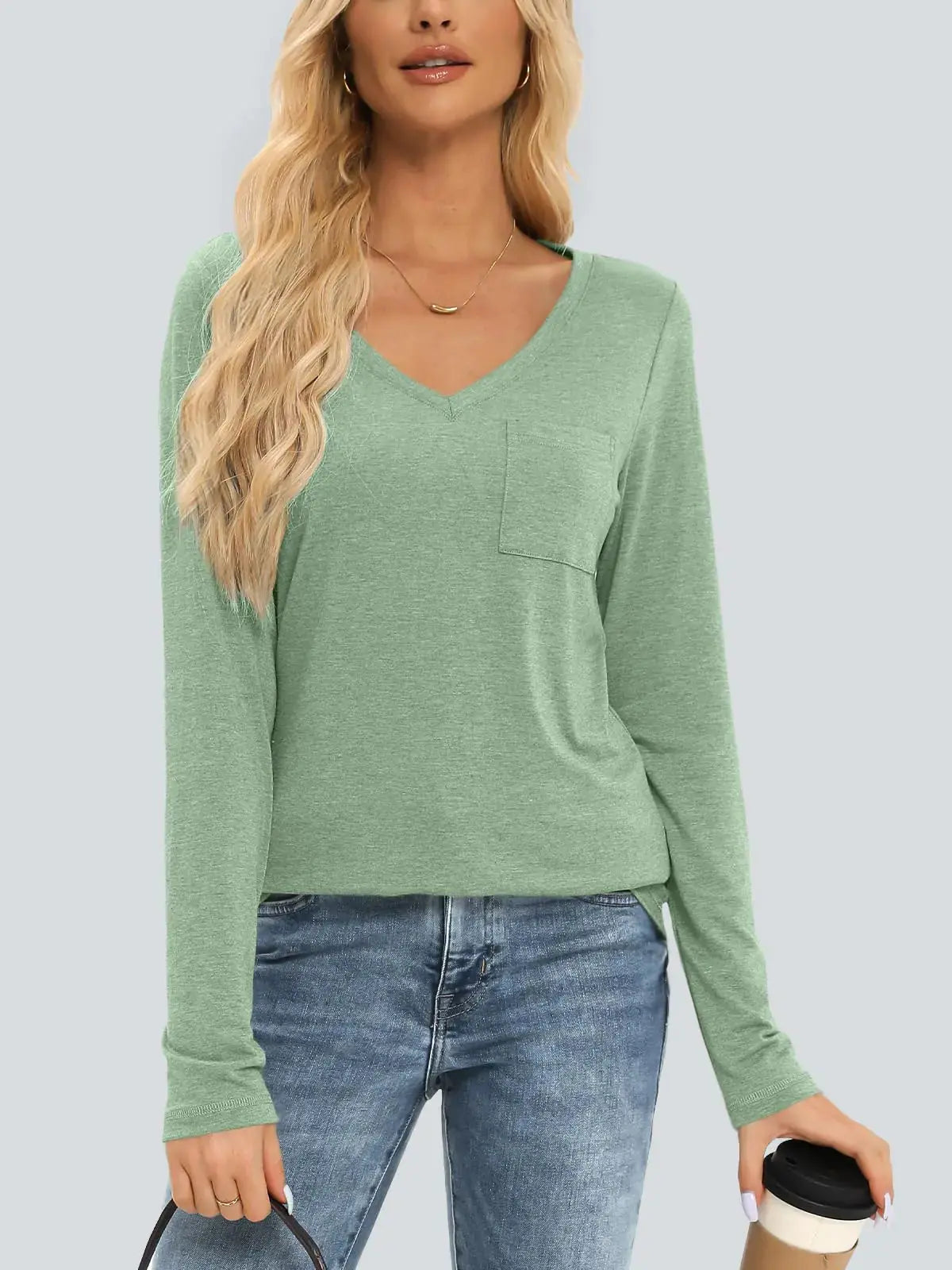 AUTOMET Womens Long Sleeve Shirts V Neck Casual Tops with Pockets Loose Dressy Basic Fall Outfits Clothes Winter Trendy 2024 Lightgreen Small My Store