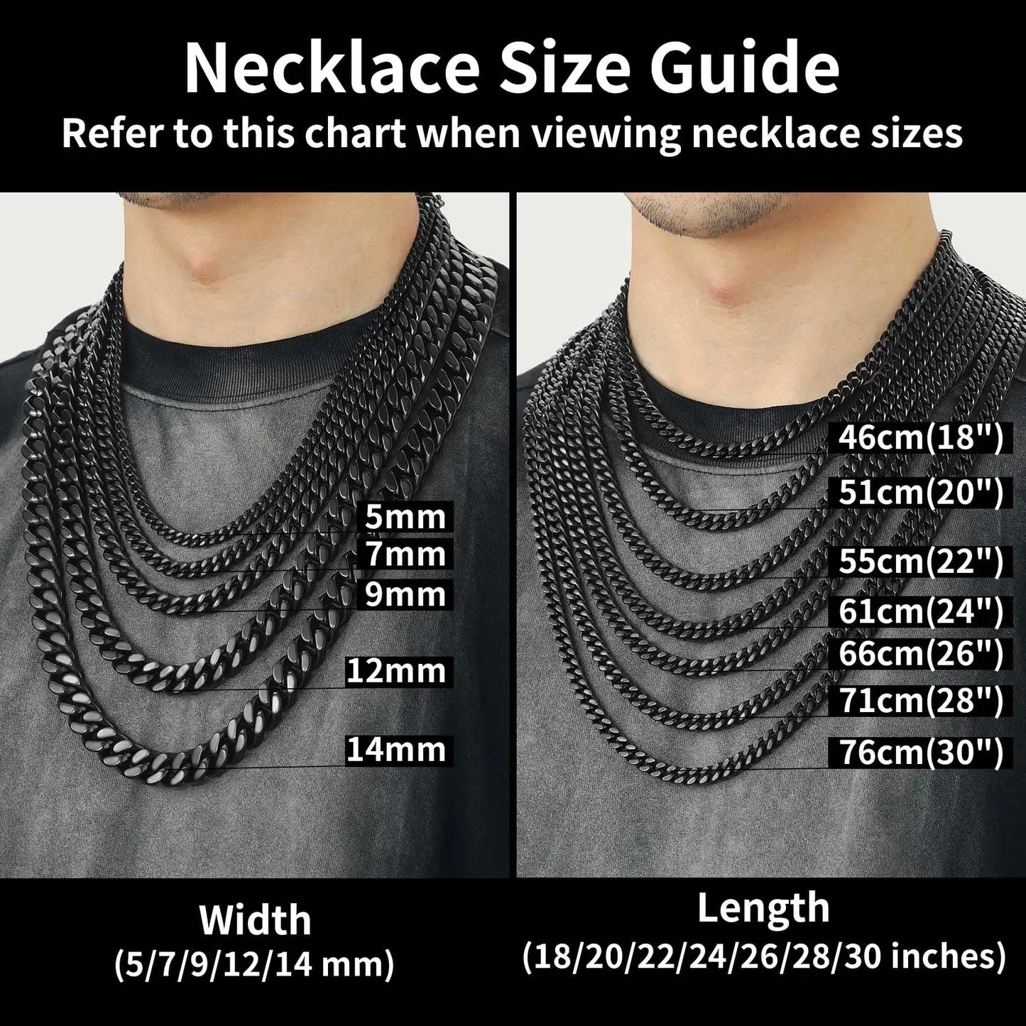 ChainsHouse Stainless Steel Mens Cuban Link Chain, Black/18K Gold Miami Cuban Chain Necklace, 5/7/9mm/12mm Width, No Tarnish& Durable Hip Hop Mens Jewelry, 18"-30", Send Gift Box 20 inches d. 12mm width-black My Store