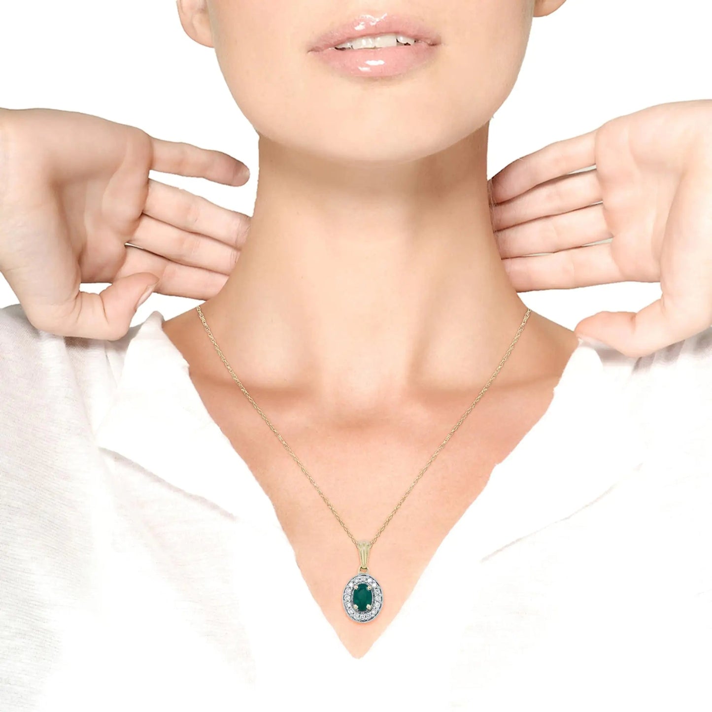 14K Yellow Gold 6x4mm Emerald and 1/5 Cttw Round Diamond Halo Pendant 18" Necklace - (H-I Color, SI1-SI2 Clarity) WEM Support (www.WEM.support)
