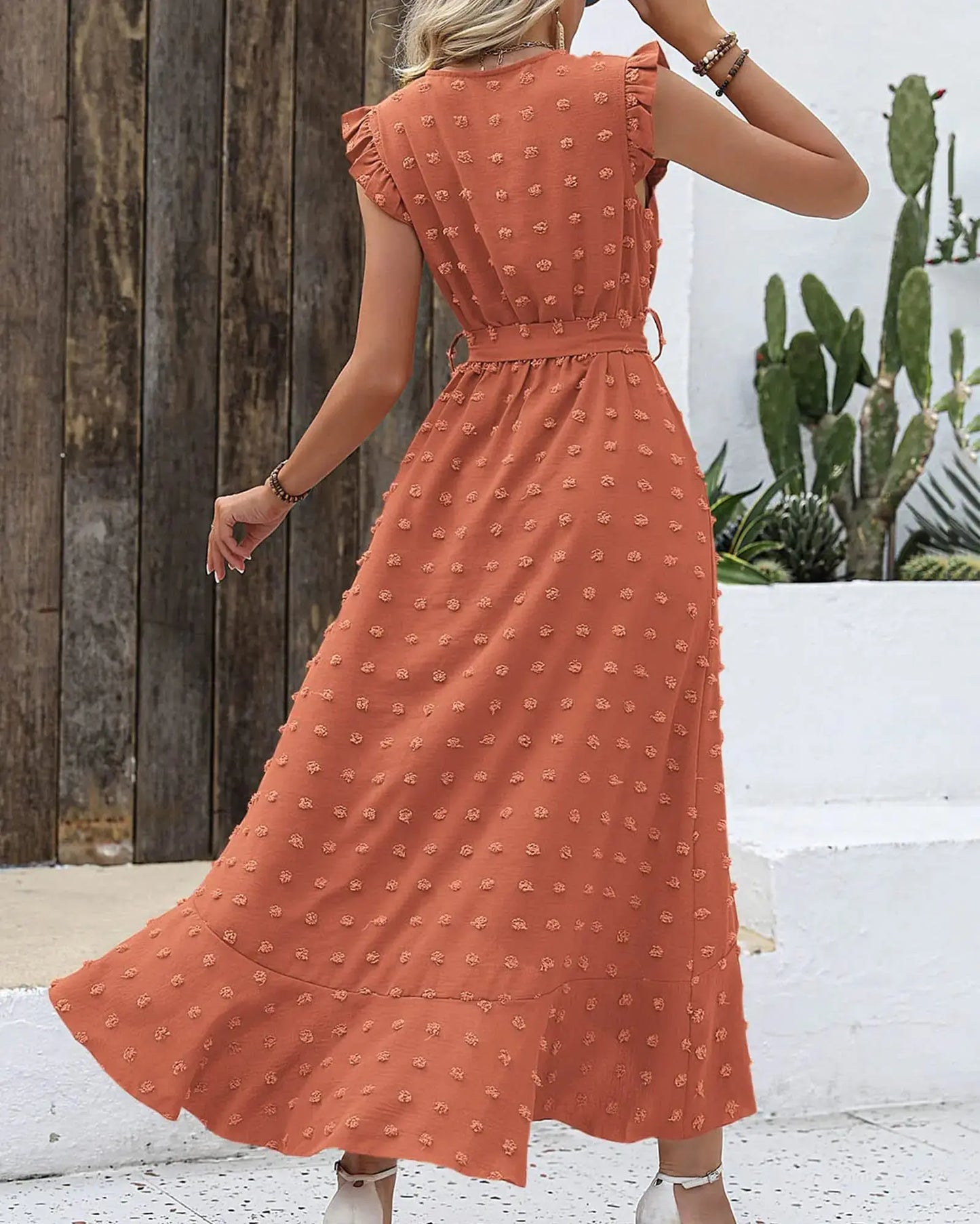 BTFBM Women 2024 Summer V Neck Dress Cap Sleeve Swiss Dot Boho Ruffle Slit Beach Cocktail Party Flowy Long Maxi Dresses Medium Swiss Dot Orange Red My Store