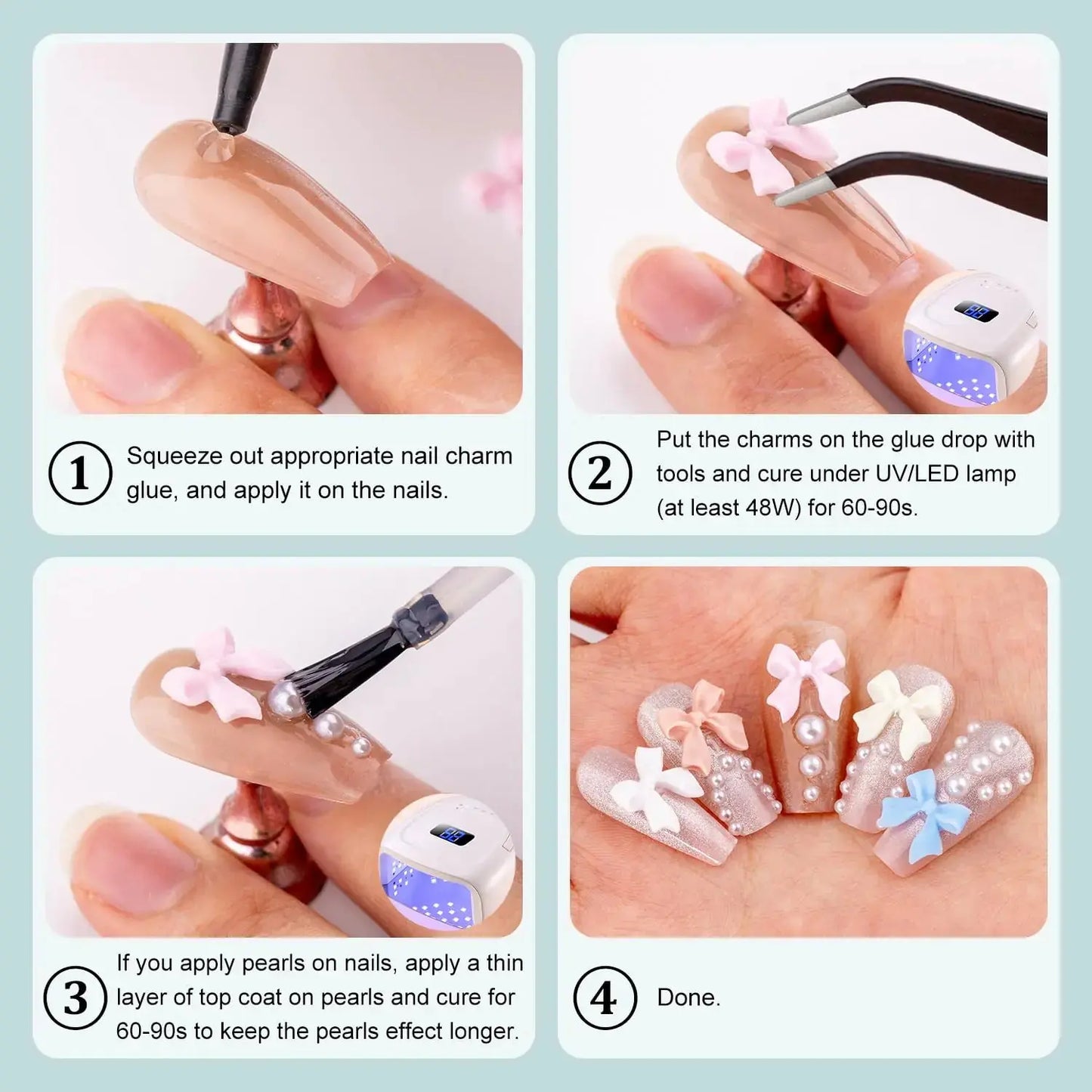 600 Pcs 3D Nail Charms and Flatback Pearls #10, 6 Colors Bow + Pink&White Star Heart Moon Cute Charms + 2-6mm White Pearls for Nail Art Design with Nail Charm Glue(UV Needed) and Pickup Tools Set 11- 8 Colors with Glue 3D Nail Art Set My Store
