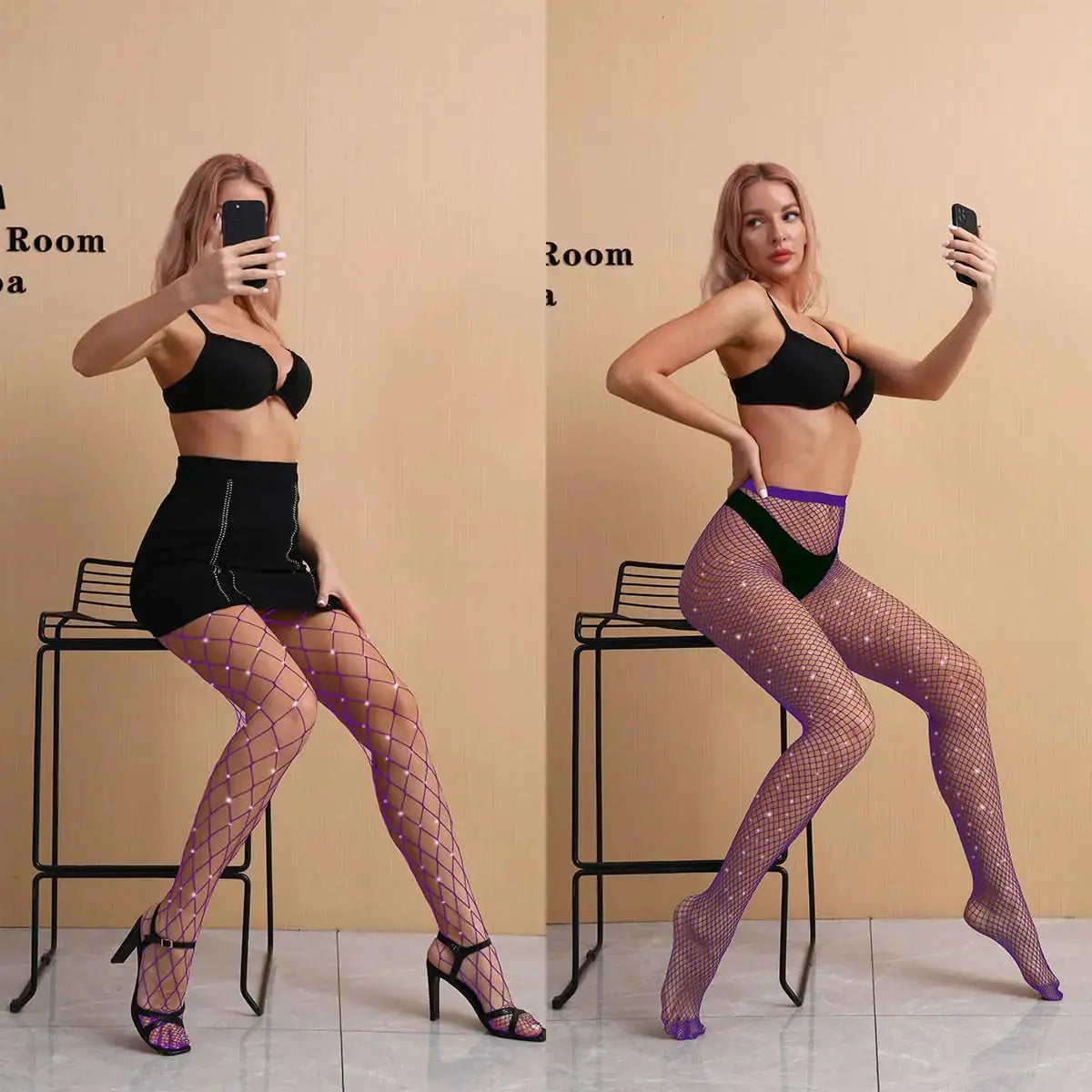 VEBZIN 2 Pack Sparkly Large And Medium Mesh Fishnet Tights For Women Sexy Glitter Rhinestone Fishnets Stockings One Size Purple My Store