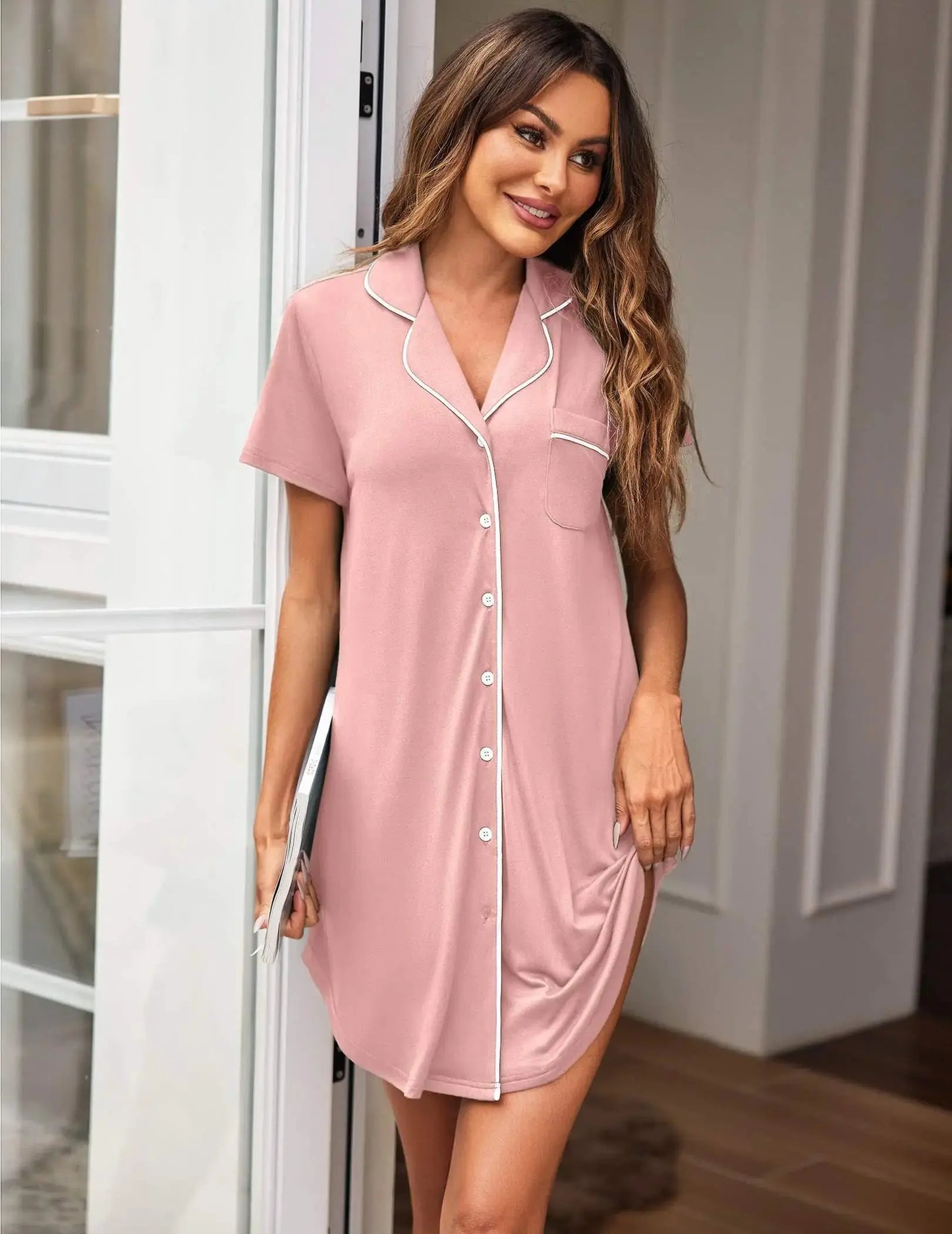 Ekouaer Womens Nightgown Button Down Sleepshirts Short Sleeve Sleepwear Boyfriend Nightshirts Pajama Dress Pale Pink Large My Store