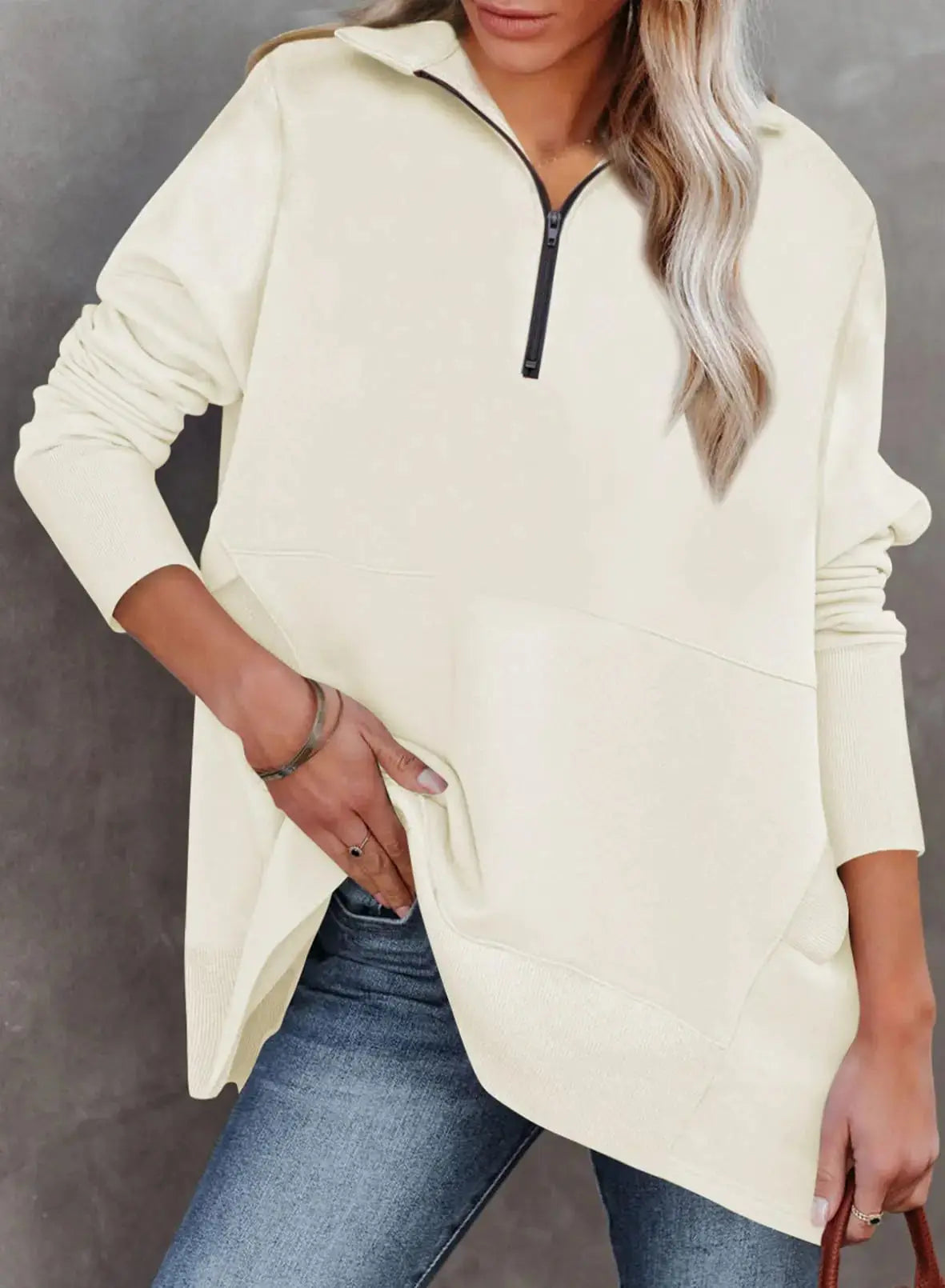 Dokotoo Women's Casual Oversized Half Zip Sweatshirts Long Sleeve Solid Color Pullover Jackets with Pockets Medium Beige My Store