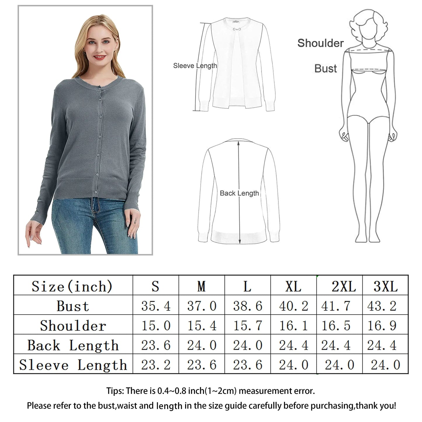 Women's Crew Neck Button Down Long Sleeve Cardigan Sweater Silver Grey XX-Large My Store