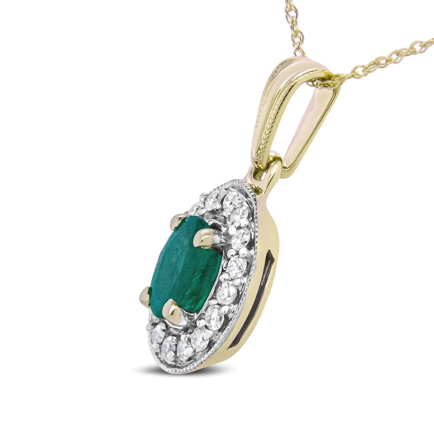 14K Yellow Gold 6x4mm Emerald and 1/5 Cttw Round Diamond Halo Pendant 18" Necklace - (H-I Color, SI1-SI2 Clarity) WEM Support (www.WEM.support)