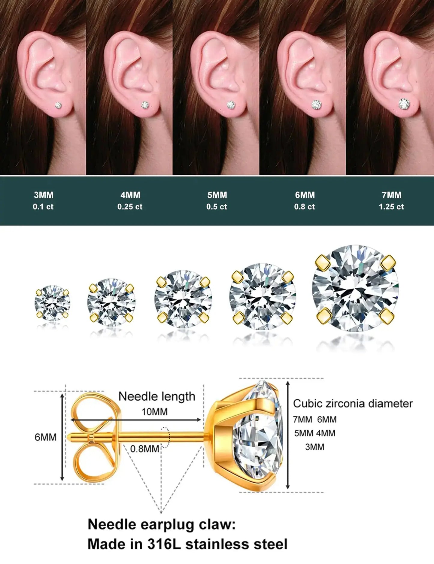 5 Pairs Stud Earrings Set, Hypoallergenic Cubic Zirconia 316L Earrings Stainless Steel CZ Earrings 3-8mm (Steel color) A-002-gold My Store