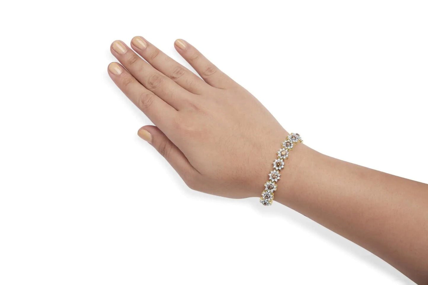 14K Yellow Gold 8.00 Cttw Champagne Diamond Floral Cluster Halo Link Bracelet (H-I Color, I1-I2 Clarity) WEM Support (www.WEM.support)
