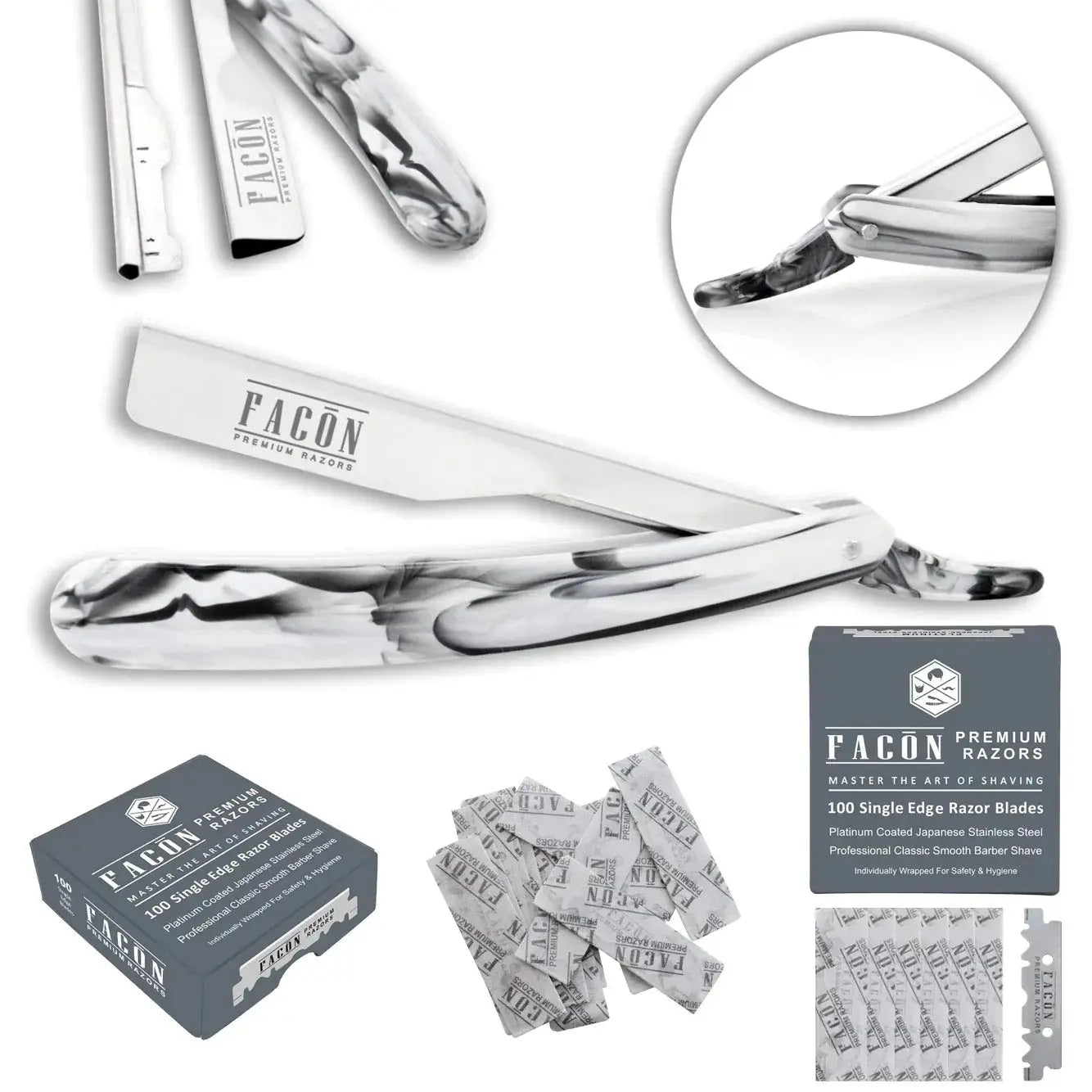 100 BLADES + Facón Professional Marble Straight Edge Barber Razor - Salon Quality Cut Throat Shavette The Crusader My Store