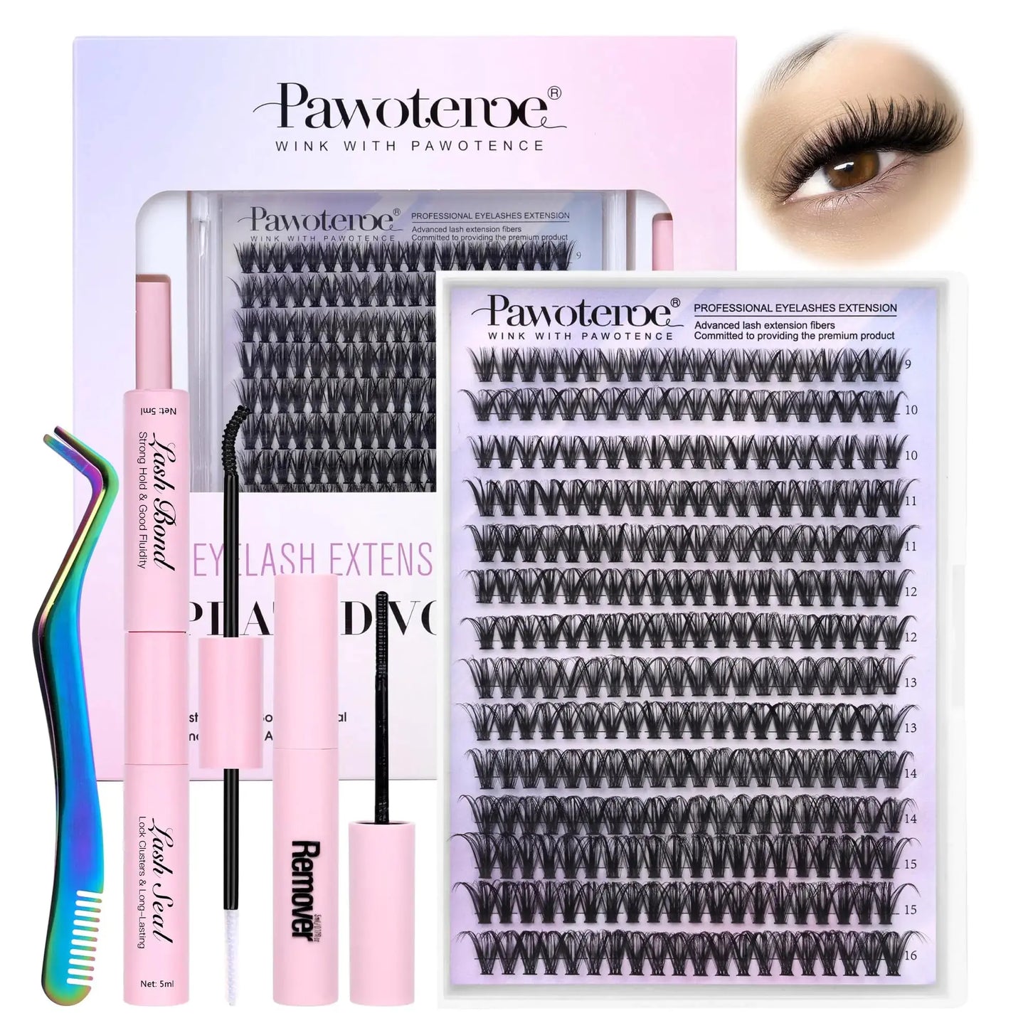 Pawotence Lash Extension Kit DIY 280pcs Individual Lash Clusters Kit 9-16mm 40D Cluster Eyelash Extension Kit with Lash Bond and Seal, Lash Remover, Lash Tweezers for Self Use (40D, 9-16mm, All Kit) 40D KIT all prestige Pawotence Cluster Lash Kit My Store