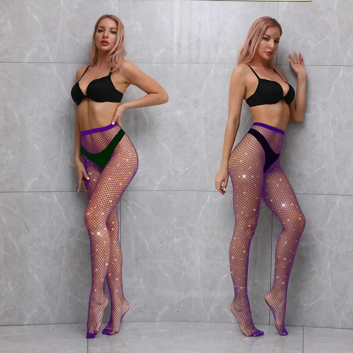 VEBZIN 2 Pack Sparkly Large And Medium Mesh Fishnet Tights For Women Sexy Glitter Rhinestone Fishnets Stockings One Size Purple My Store