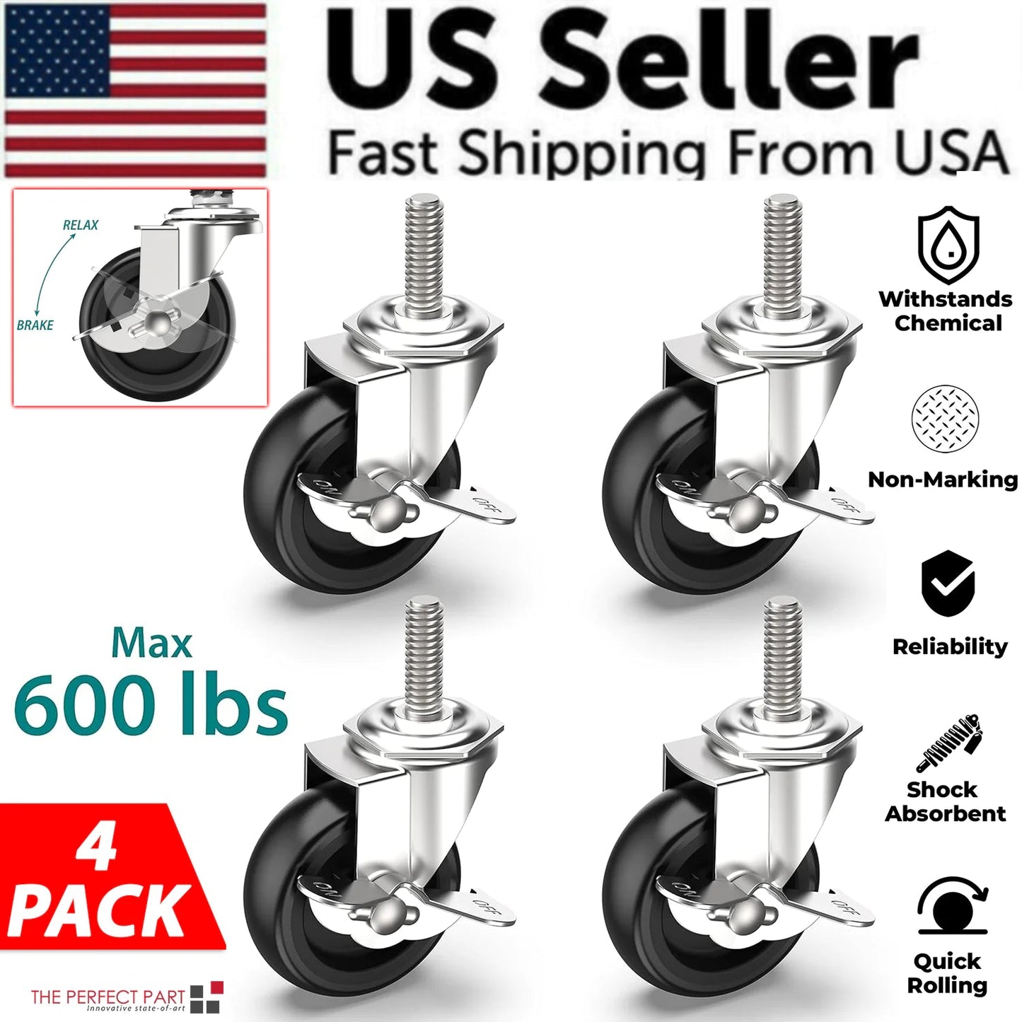 4x 3 Inch Rubber Casters Heavy Duty Safety Brake Wheels For Wire Shelving Rack WEM Support (www.WEM.support)