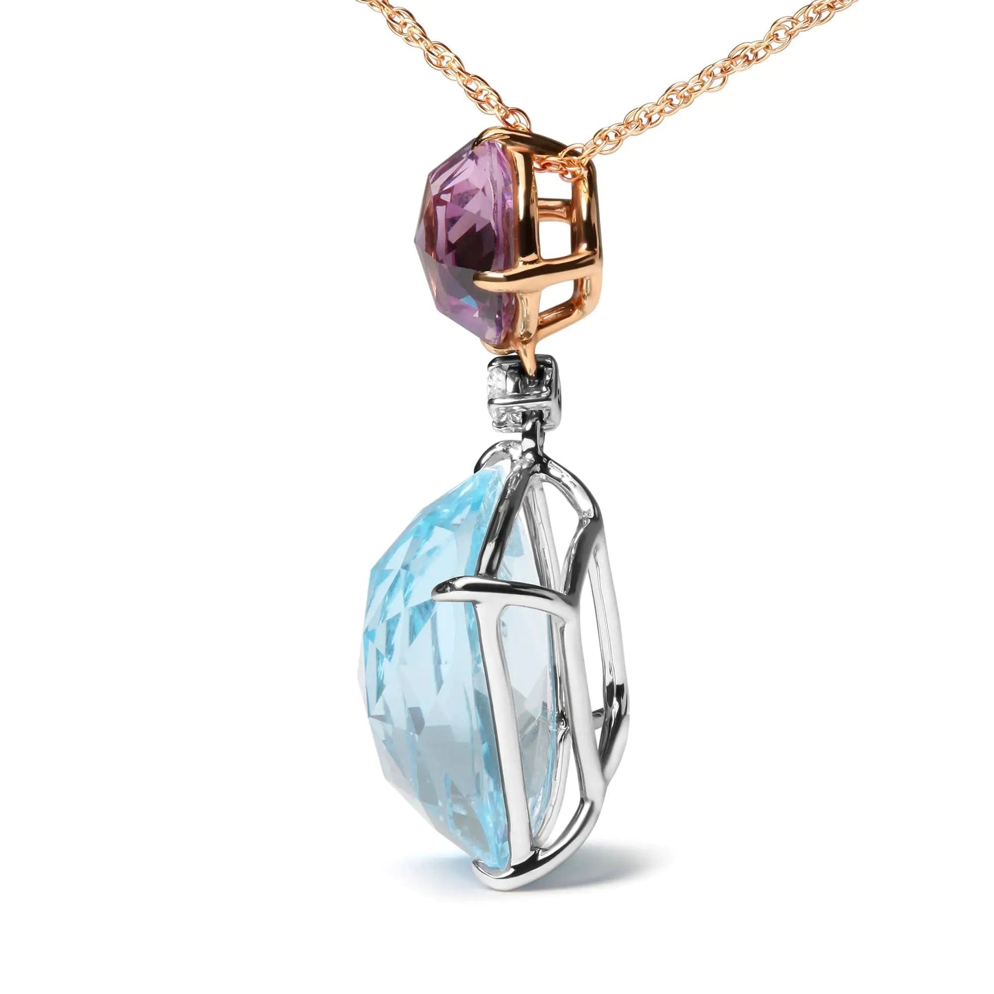 18K White and Rose Gold Round Diamond Accent and Round Rose De France Pink Amethyst and Cushion Cut Sky Blue Topaz Dangle Drop 18" Pendant Necklace (G-H Color, SI1-SI2 Clarity) WEM Support (www.WEM.support)