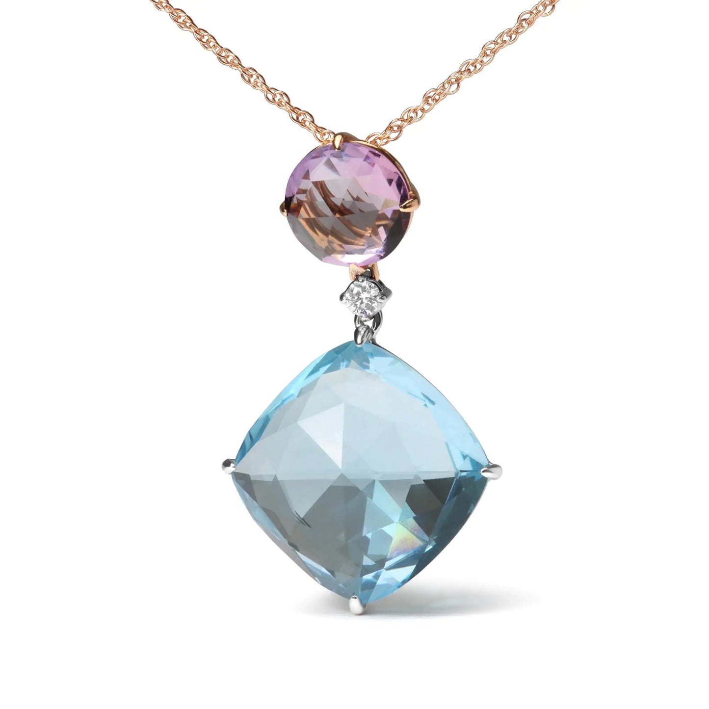 18K White and Rose Gold Round Diamond Accent and Round Rose De France Pink Amethyst and Cushion Cut Sky Blue Topaz Dangle Drop 18" Pendant Necklace (G-H Color, SI1-SI2 Clarity) WEM Support (www.WEM.support)
