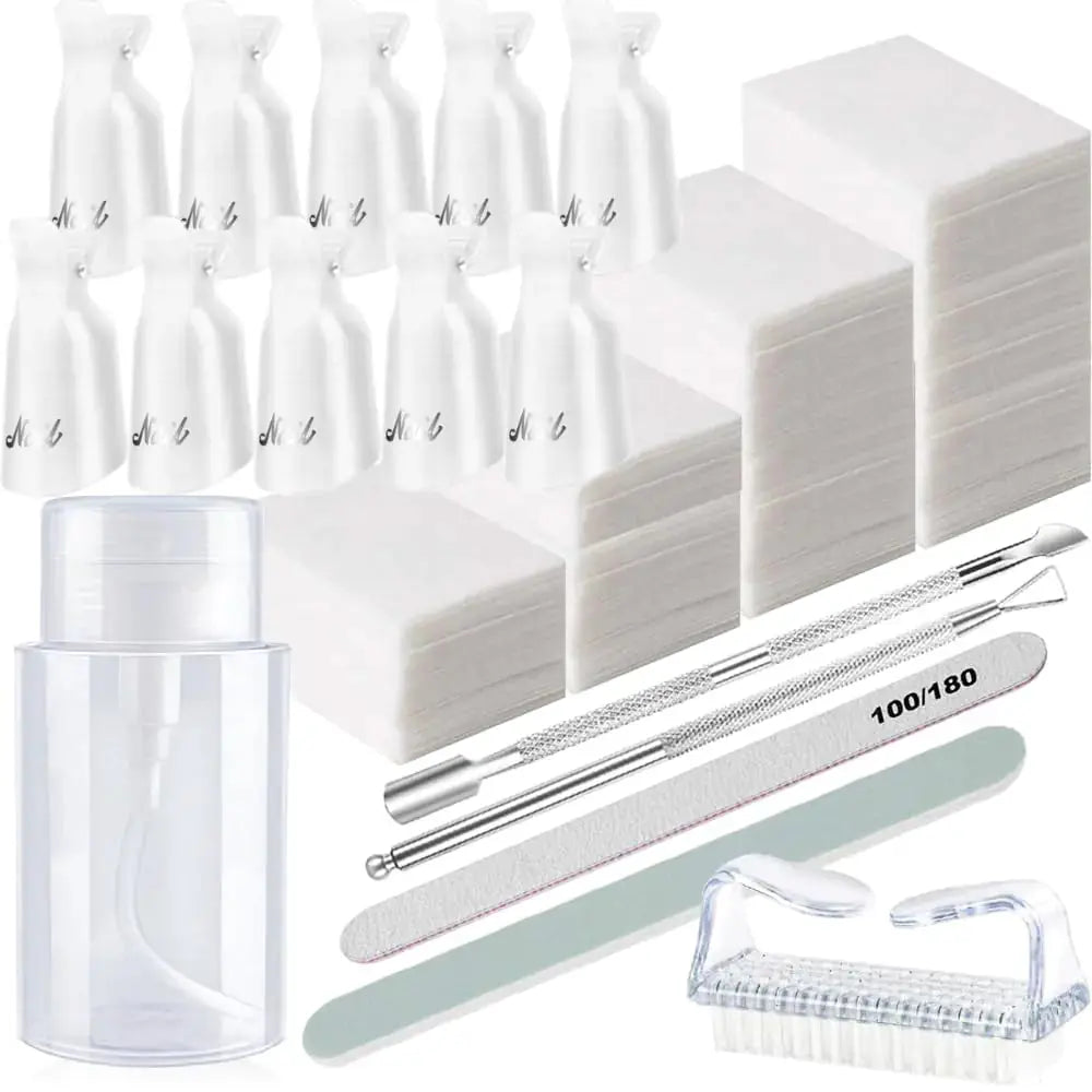 Nail Polish Gel Remover Tools Kit, Soak Off Cap Clip, UV Gel Polish Cuticle Pusher, 200ml Dispenser Bottle, 600 PCS Cotton Pads, Handle Brushes, 100/180 Nail File, Buffer Block, Finger Separators White-Set. My Store