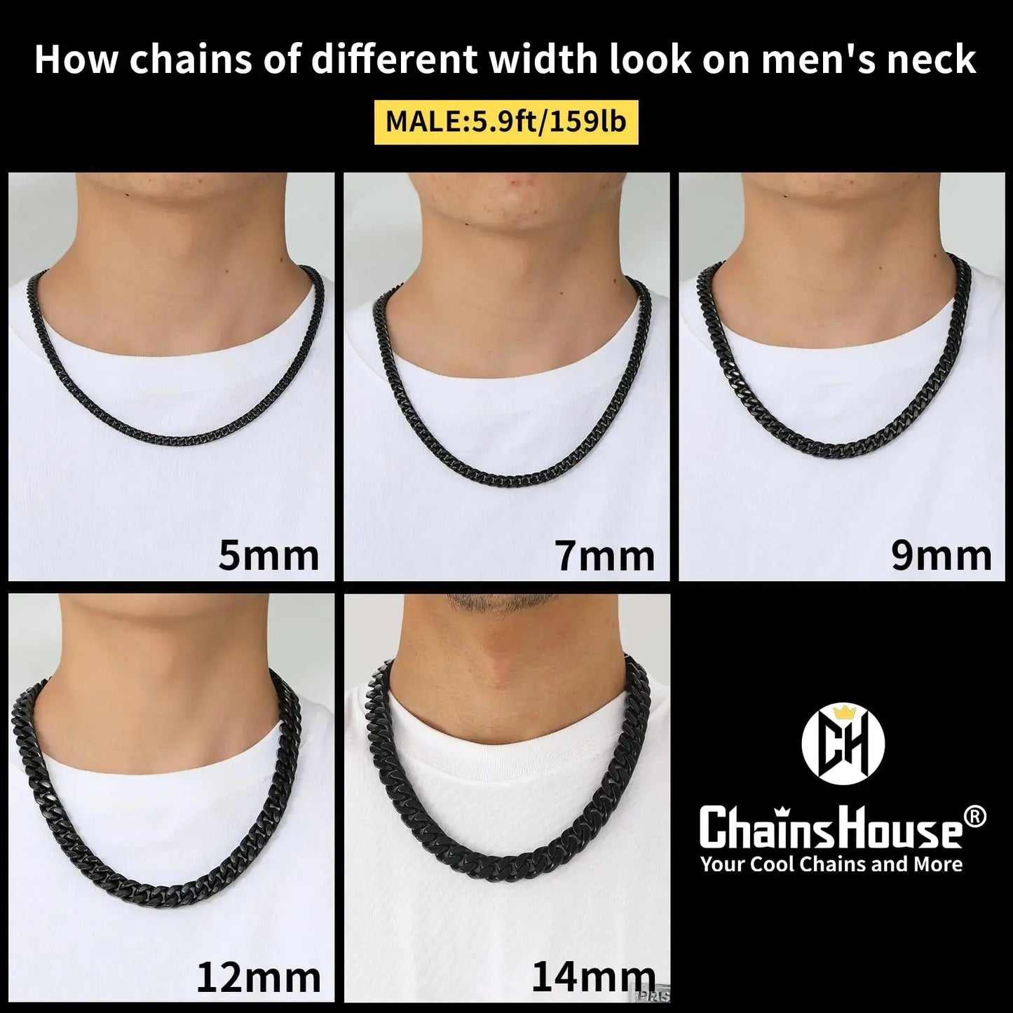 ChainsHouse Stainless Steel Mens Cuban Link Chain, Black/18K Gold Miami Cuban Chain Necklace, 5/7/9mm/12mm Width, No Tarnish& Durable Hip Hop Mens Jewelry, 18"-30", Send Gift Box 20 inches d. 12mm width-black My Store