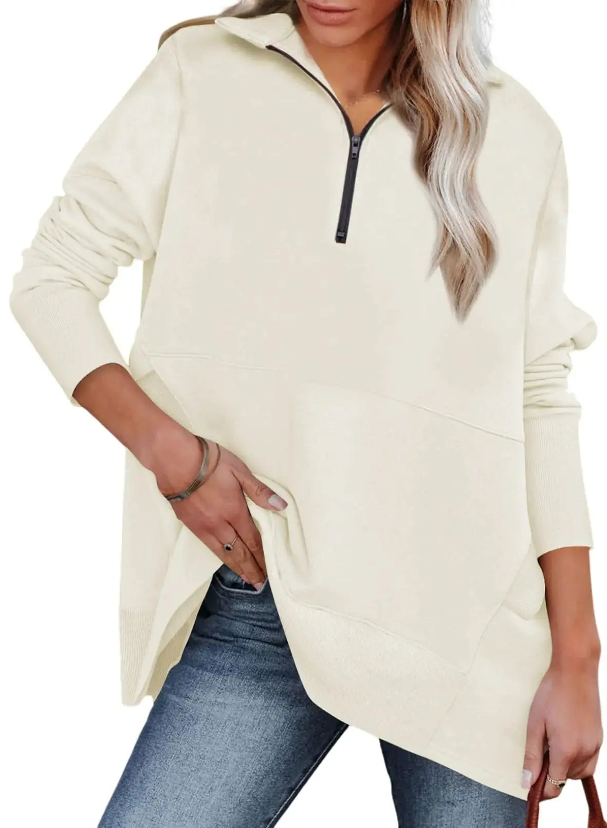Dokotoo Women's Casual Oversized Half Zip Sweatshirts Long Sleeve Solid Color Pullover Jackets with Pockets Medium Beige My Store