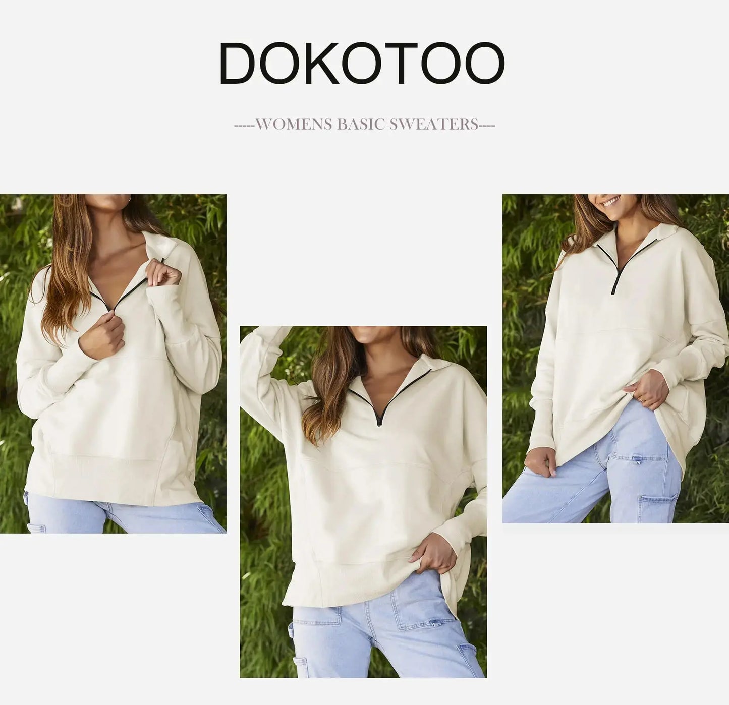 Dokotoo Women's Casual Oversized Half Zip Sweatshirts Long Sleeve Solid Color Pullover Jackets with Pockets Medium Beige My Store