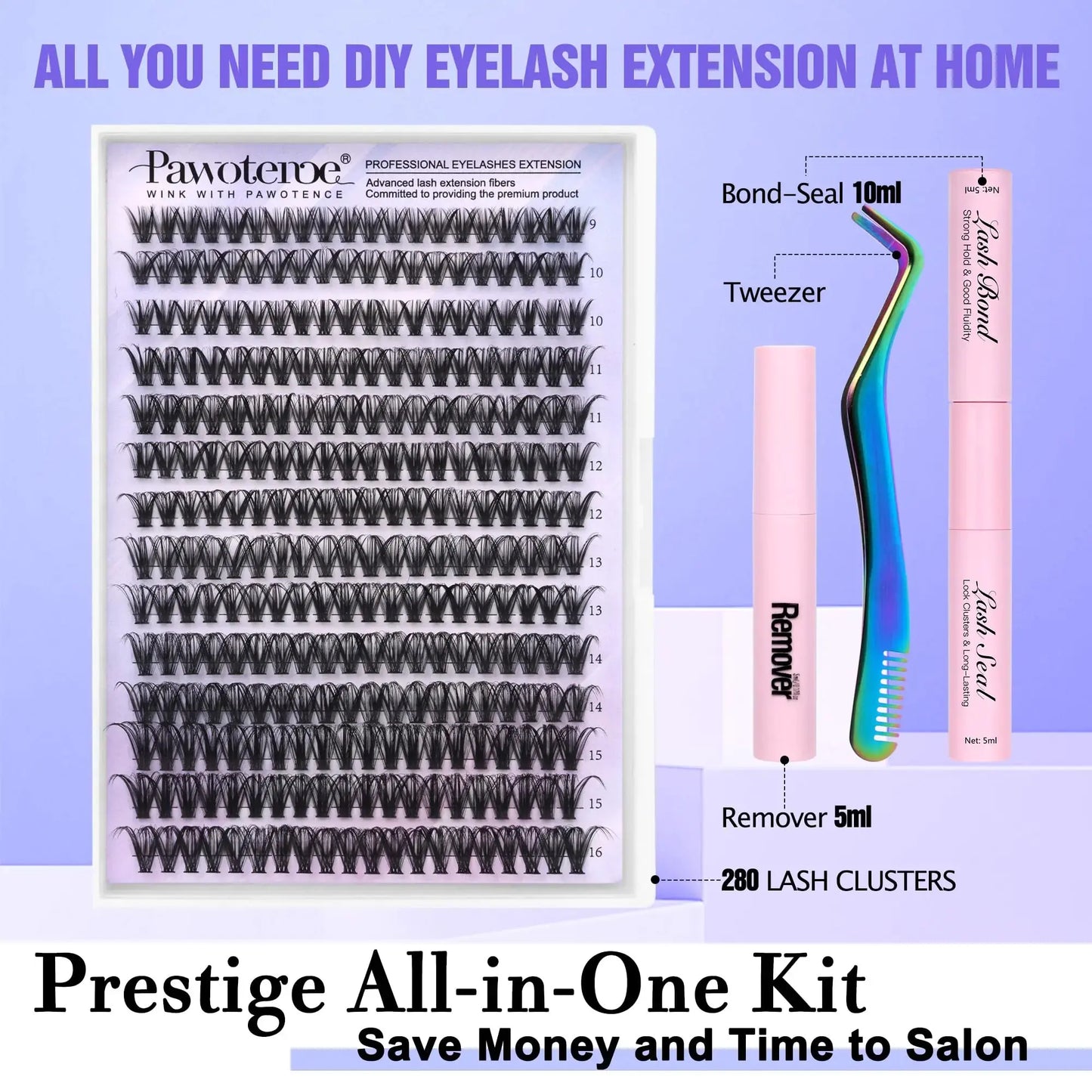Pawotence Lash Extension Kit DIY 280pcs Individual Lash Clusters Kit 9-16mm 40D Cluster Eyelash Extension Kit with Lash Bond and Seal, Lash Remover, Lash Tweezers for Self Use (40D, 9-16mm, All Kit) 40D KIT all prestige Pawotence Cluster Lash Kit My Store