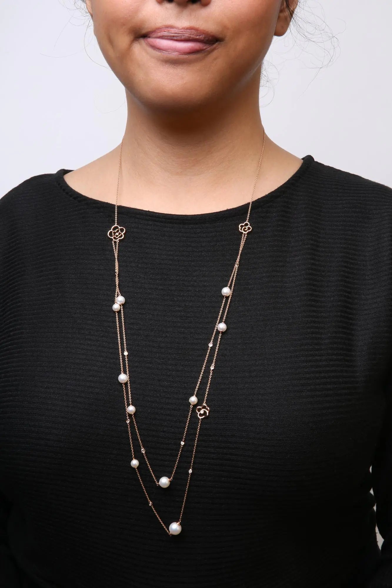 18K Rose Gold 1/2 Cttw Diamond and Freshwater Pearl Double Strand Station Necklace (G-H Color, SI1-SI2 Clarity) - Adjustable up to 16" to 20" WEM Support (www.WEM.support)