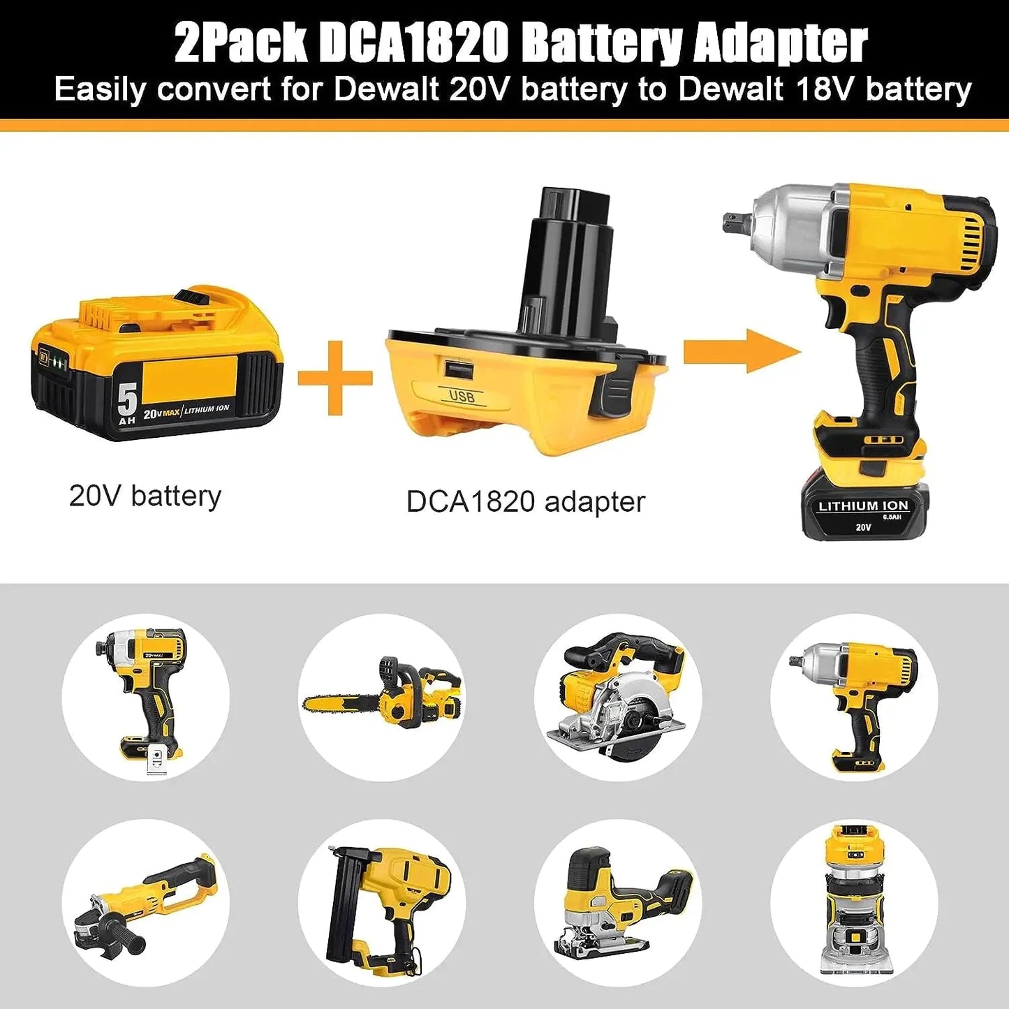 2X 18V To 20V MAX DCA1820 Adapter Converter For DEWALT 20 Volt Li-ion Battery WEM Support (www.WEM.support)