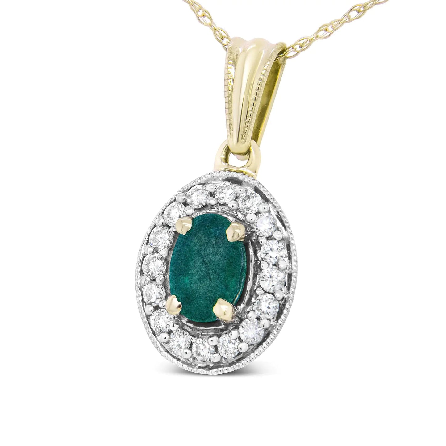 14K Yellow Gold 6x4mm Emerald and 1/5 Cttw Round Diamond Halo Pendant 18" Necklace - (H-I Color, SI1-SI2 Clarity) WEM Support (www.WEM.support)