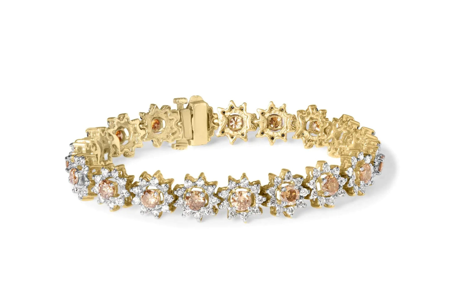14K Yellow Gold 8.00 Cttw Champagne Diamond Floral Cluster Halo Link Bracelet (H-I Color, I1-I2 Clarity) WEM Support (www.WEM.support)