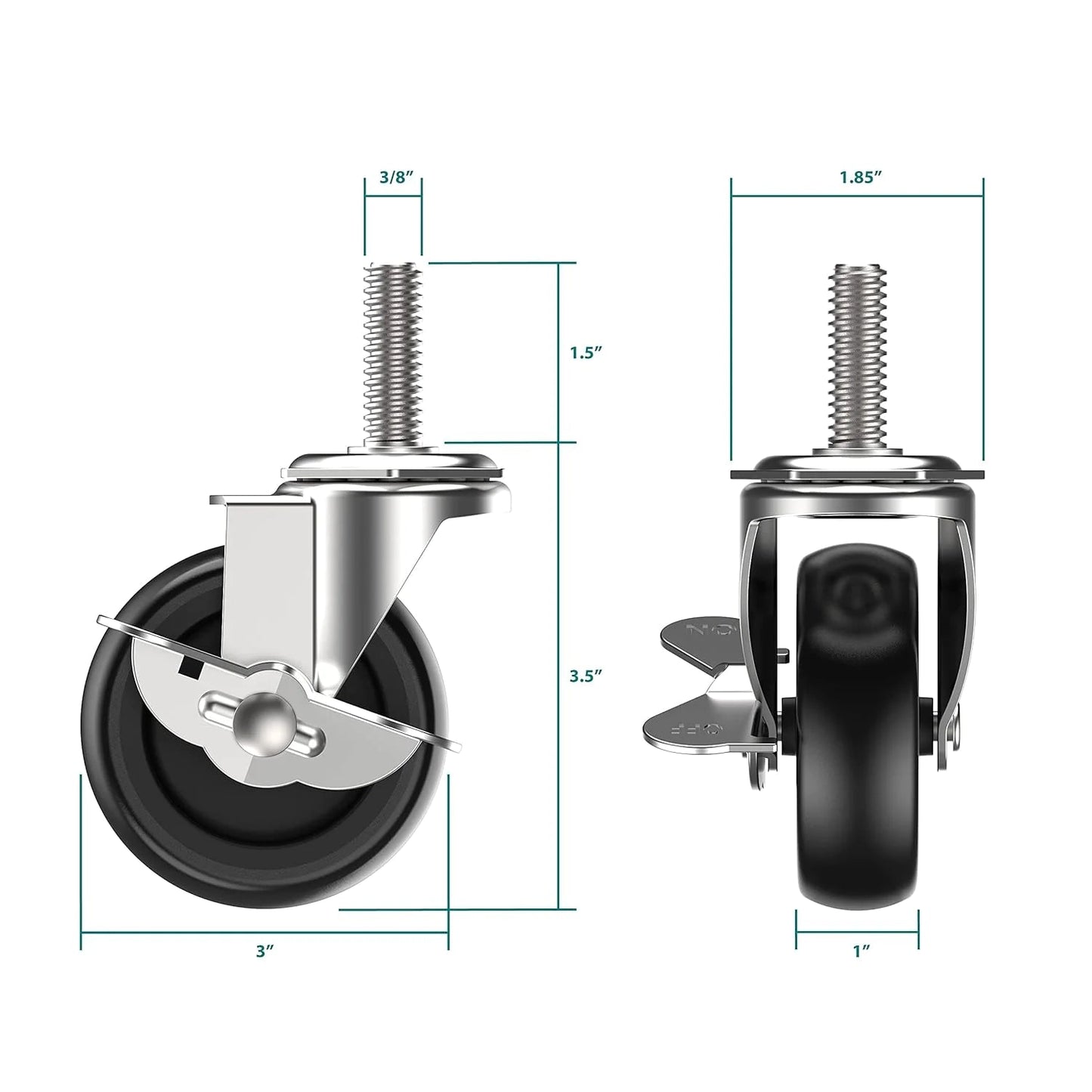 4x 3 Inch Rubber Casters Heavy Duty Safety Brake Wheels For Wire Shelving Rack WEM Support (www.WEM.support)