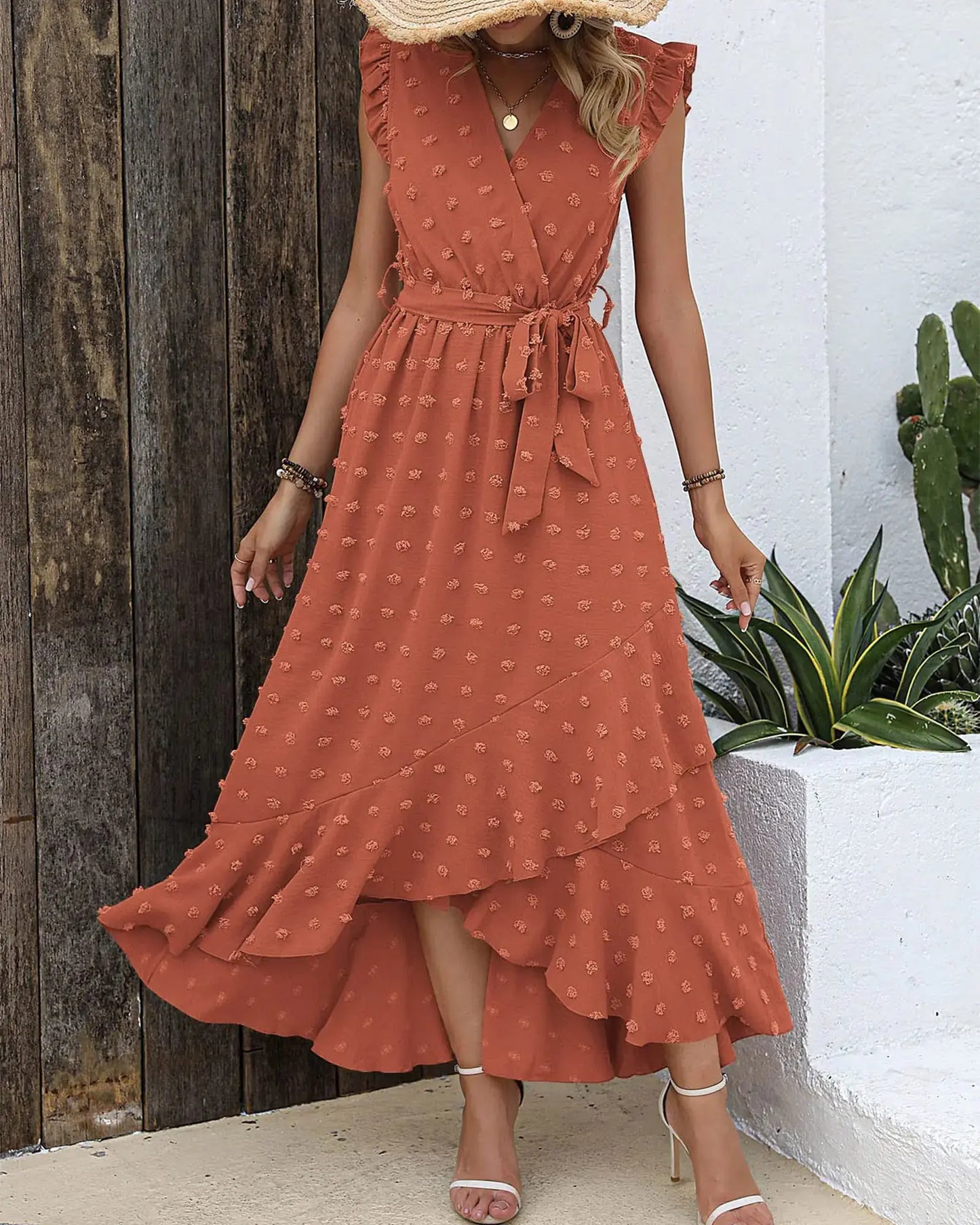BTFBM Women 2024 Summer V Neck Dress Cap Sleeve Swiss Dot Boho Ruffle Slit Beach Cocktail Party Flowy Long Maxi Dresses Medium Swiss Dot Orange Red My Store