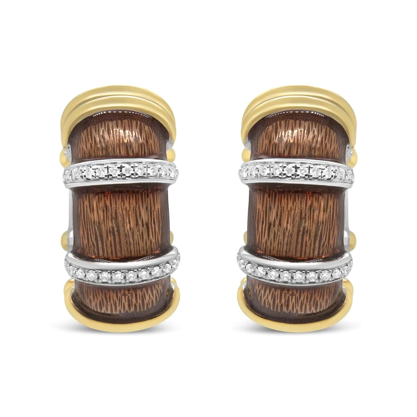 18K Yellow and White Gold Flash Plated .925 Sterling Silver Clear Brown Enamel 9/10 Cttw Round Diamonds Huggie Hoop Earrings (F-G Color, VS1-VS2 Clarity) WEM Support (www.WEM.support)