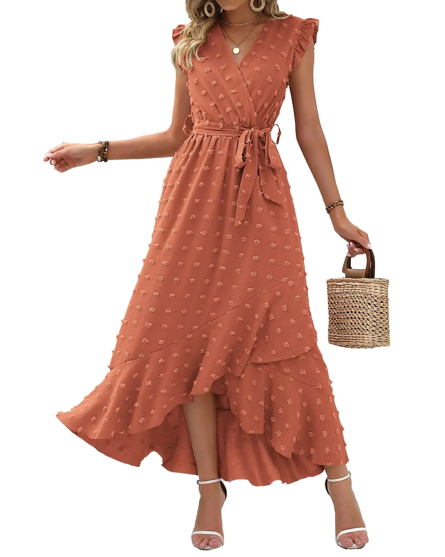 BTFBM Women 2024 Summer V Neck Dress Cap Sleeve Swiss Dot Boho Ruffle Slit Beach Cocktail Party Flowy Long Maxi Dresses Medium Swiss Dot Orange Red My Store