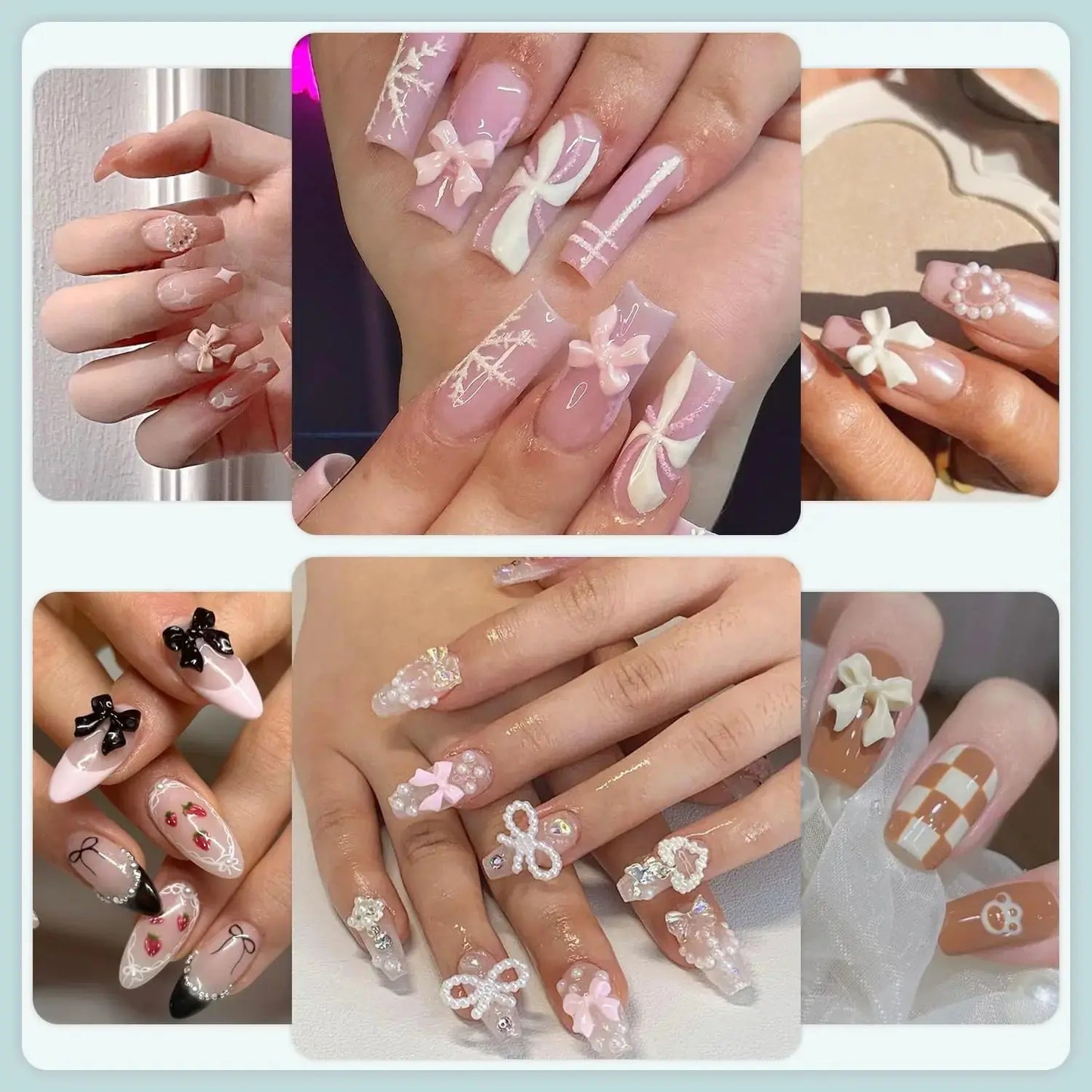 600 Pcs 3D Nail Charms and Flatback Pearls #10, 6 Colors Bow + Pink&White Star Heart Moon Cute Charms + 2-6mm White Pearls for Nail Art Design with Nail Charm Glue(UV Needed) and Pickup Tools Set 11- 8 Colors with Glue 3D Nail Art Set My Store