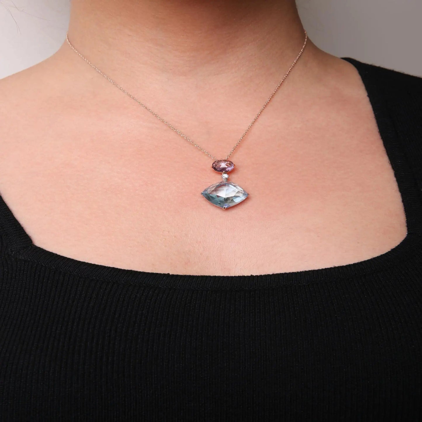 18K White and Rose Gold Round Diamond Accent and Round Rose De France Pink Amethyst and Cushion Cut Sky Blue Topaz Dangle Drop 18" Pendant Necklace (G-H Color, SI1-SI2 Clarity) WEM Support (www.WEM.support)