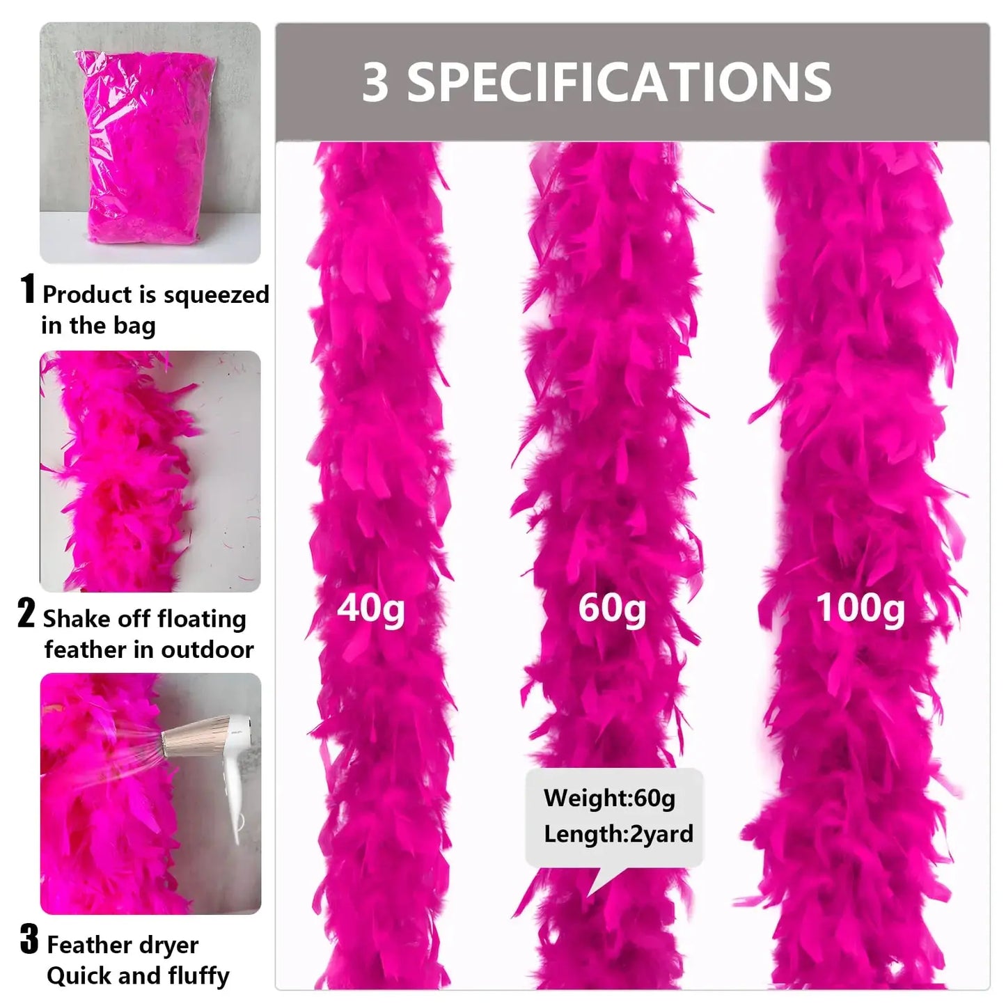 THARAHT 19 Color- 40/60/100g 2Yard Chandelle Feather Boa Dancing Wedding Party Halloween Costume Decoration Feathers boa 40g Hot Pink My Store
