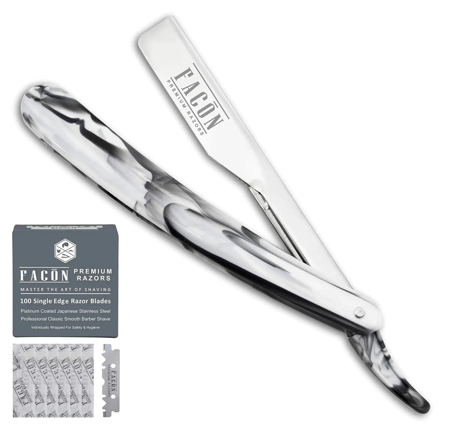 100 BLADES + Facón Professional Marble Straight Edge Barber Razor - Salon Quality Cut Throat Shavette The Crusader My Store