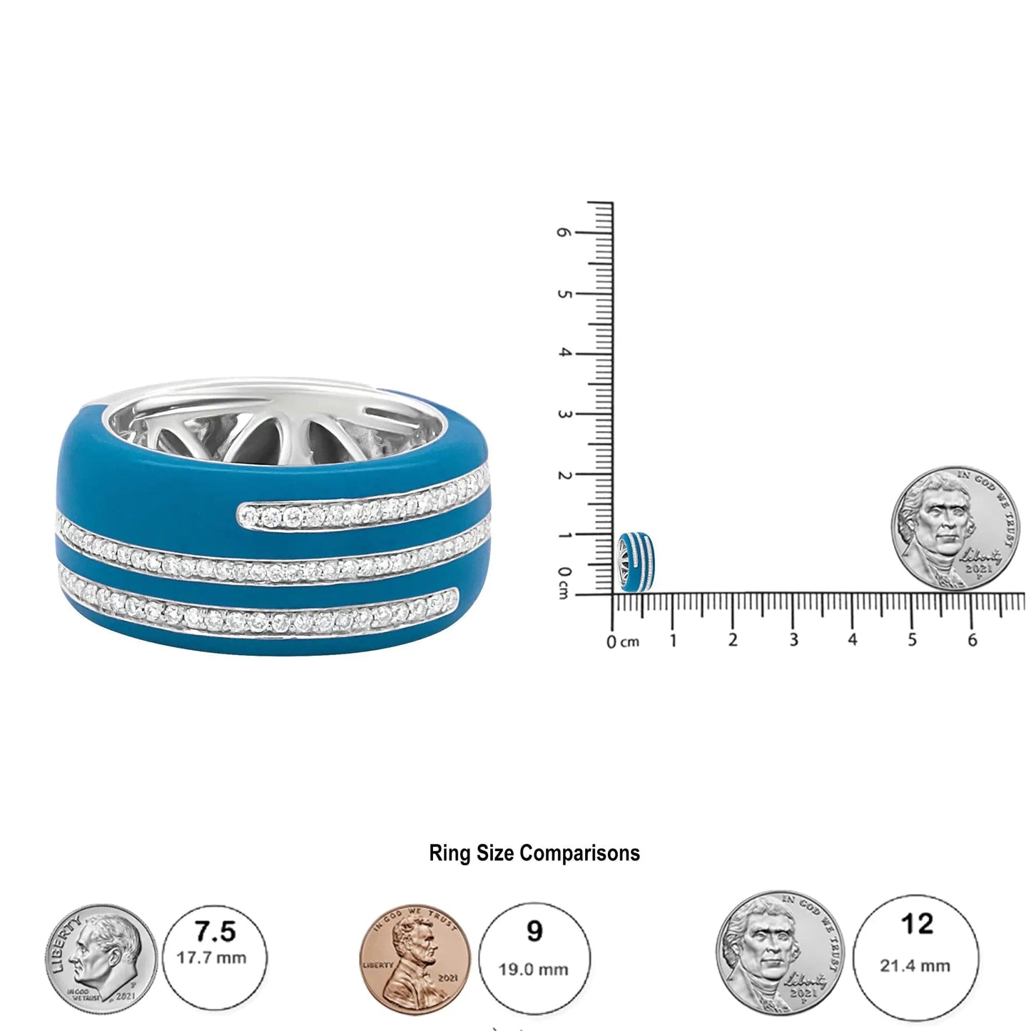 .925 Sterling Silver Turquoise Enamel 5/8 Cttw Round Diamond Wide Band Statement Ring (F-G Color, VS1-VS2 Clarity) WEM Support (www.WEM.support)