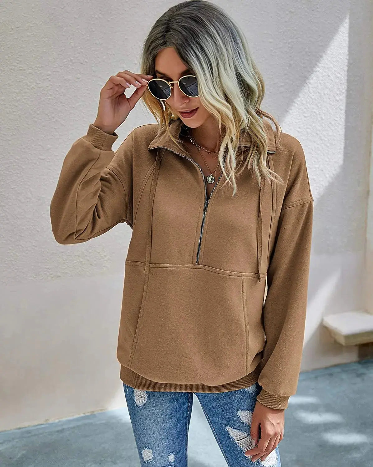 PRETTYGARDEN Women's Casual Long Sleeve Lapel Zipper Sweatshirt Drawstring Loose Pullover Tops Coffee X-Large My Store
